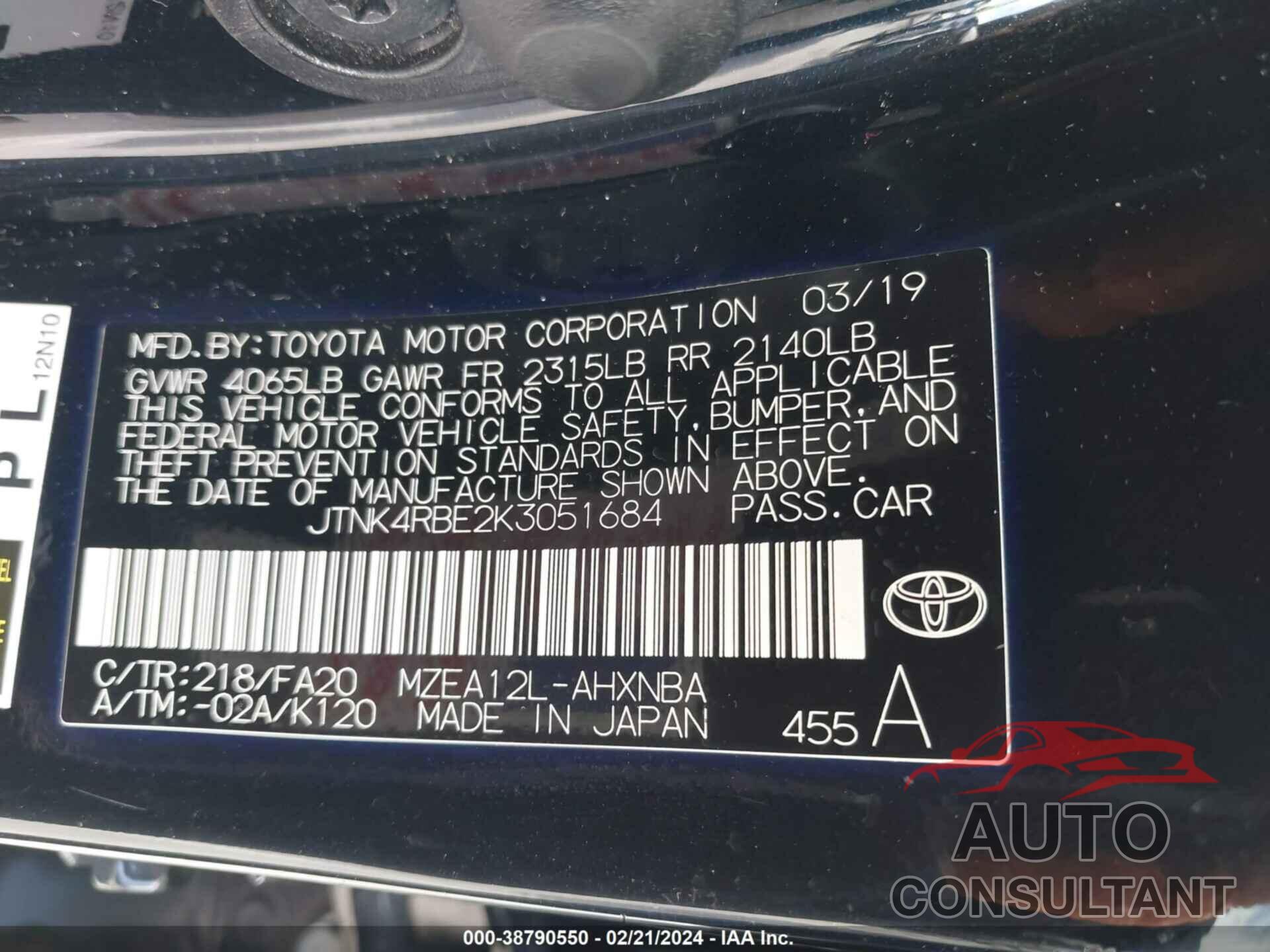 TOYOTA COROLLA 2019 - JTNK4RBE2K3051684