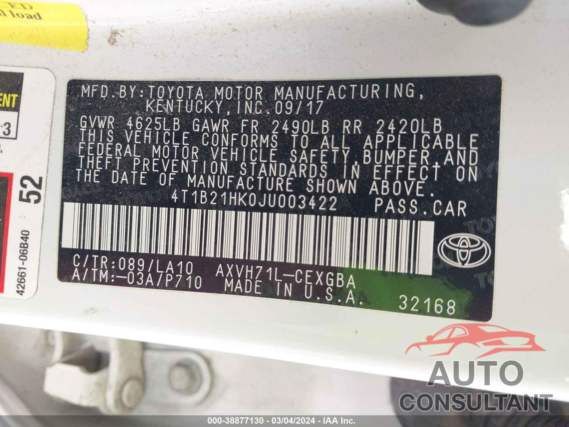 TOYOTA CAMRY HYBRID 2018 - 4T1B21HK0JU003422