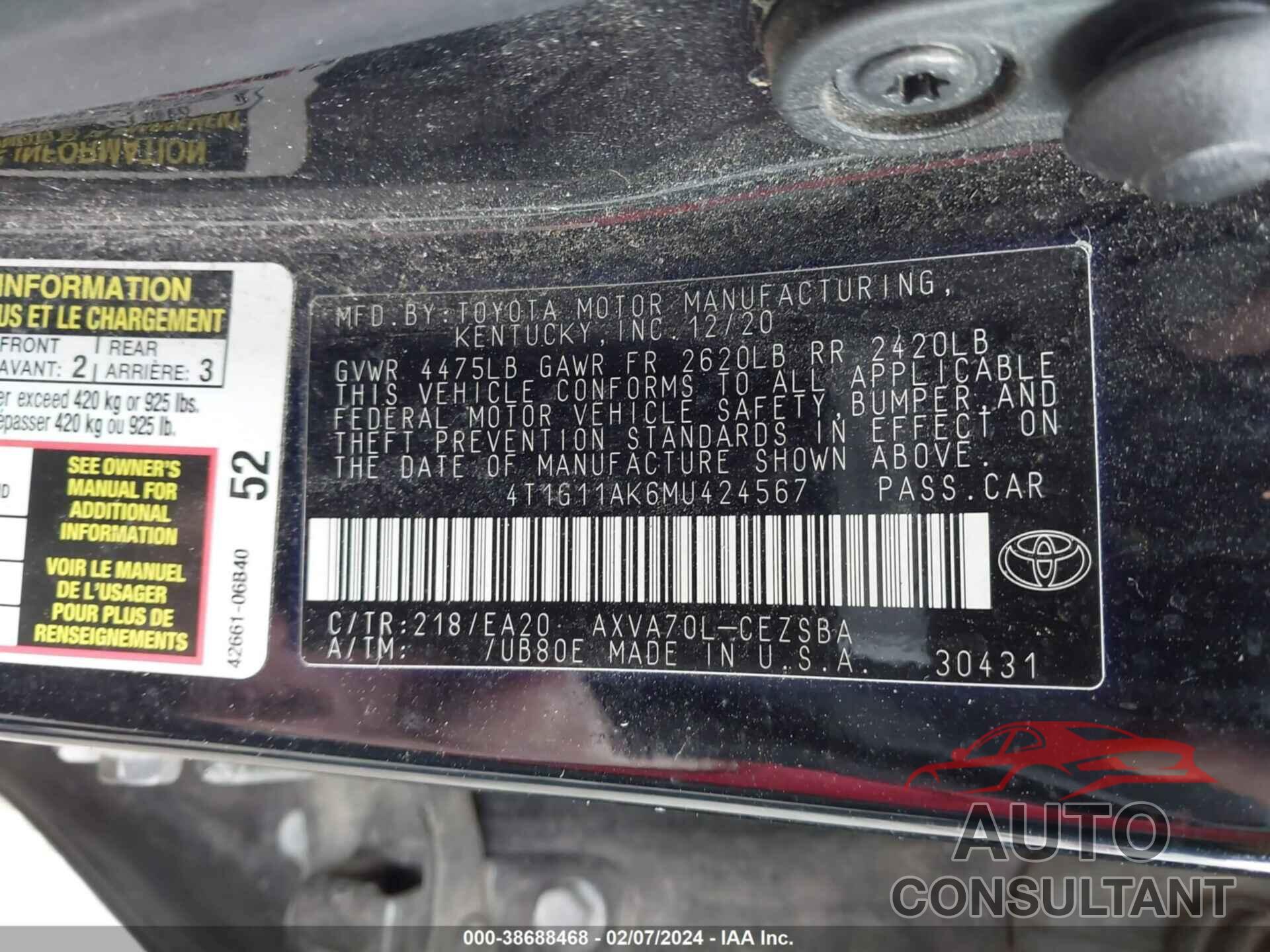 TOYOTA CAMRY 2021 - 4T1G11AK6MU424567