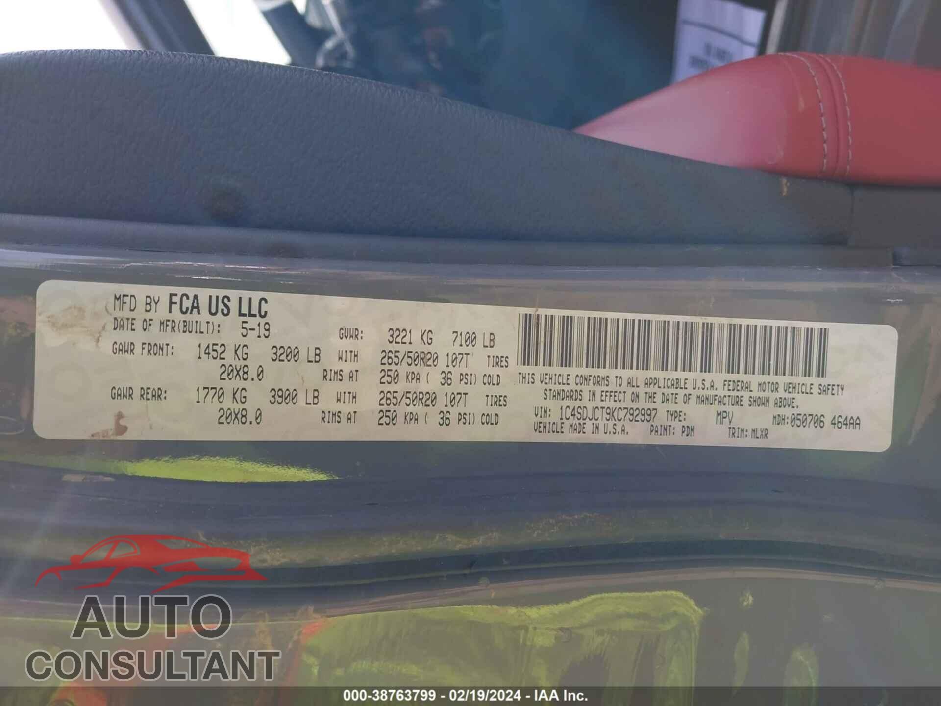 DODGE DURANGO 2019 - 1C4SDJCT9KC792997