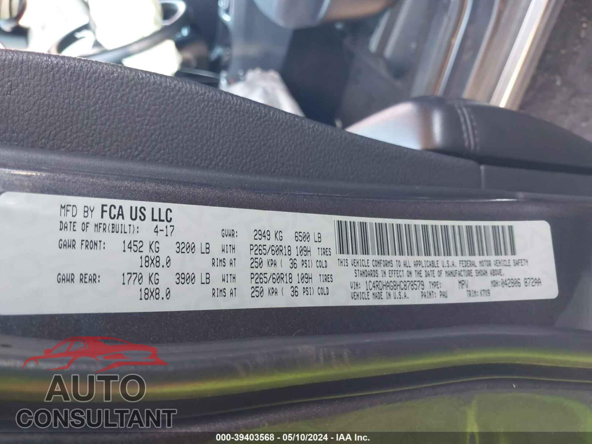 DODGE DURANGO 2017 - 1C4RDHAG8HC878579