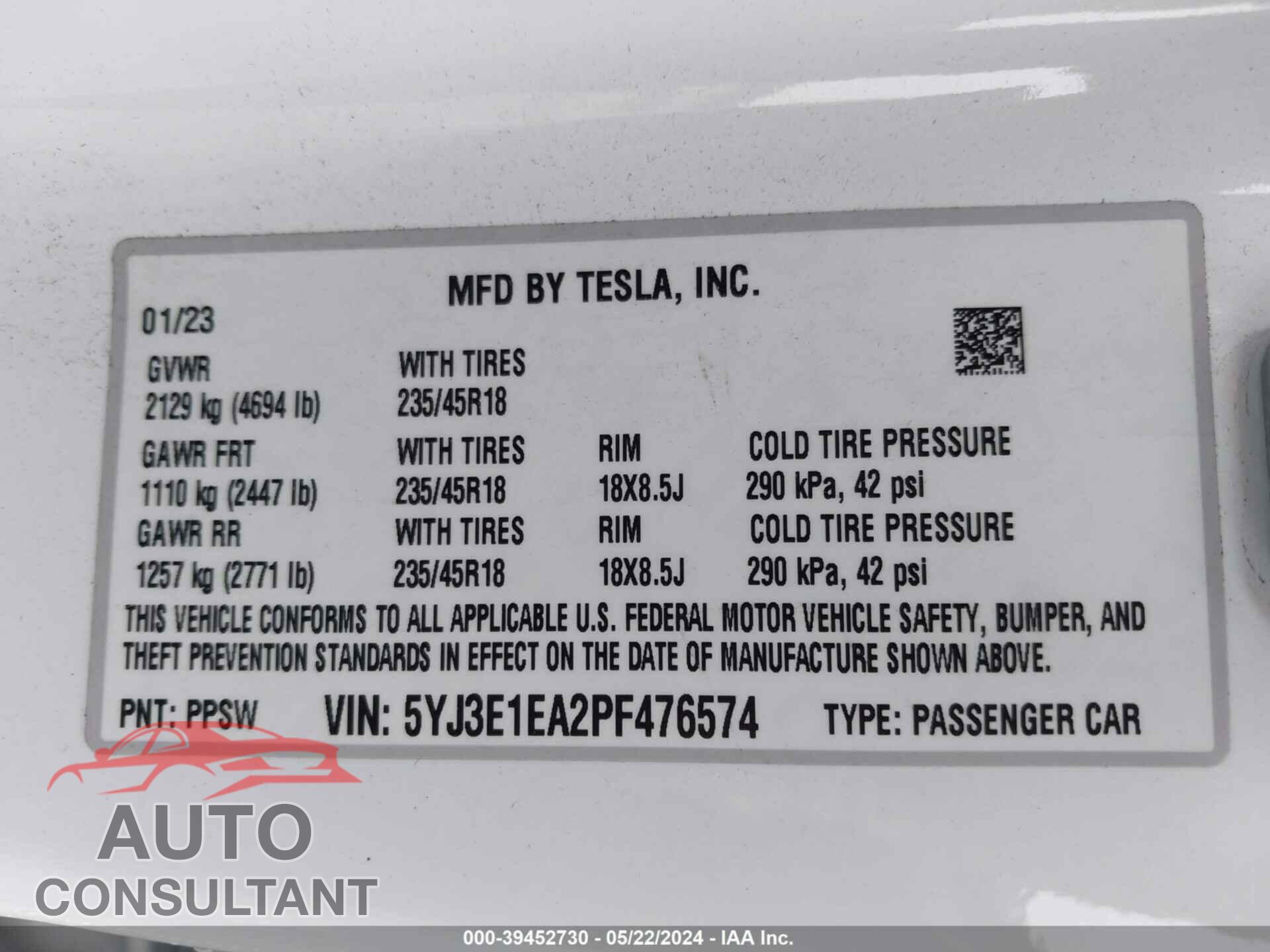 TESLA MODEL 3 2023 - 5YJ3E1EA2PF476574