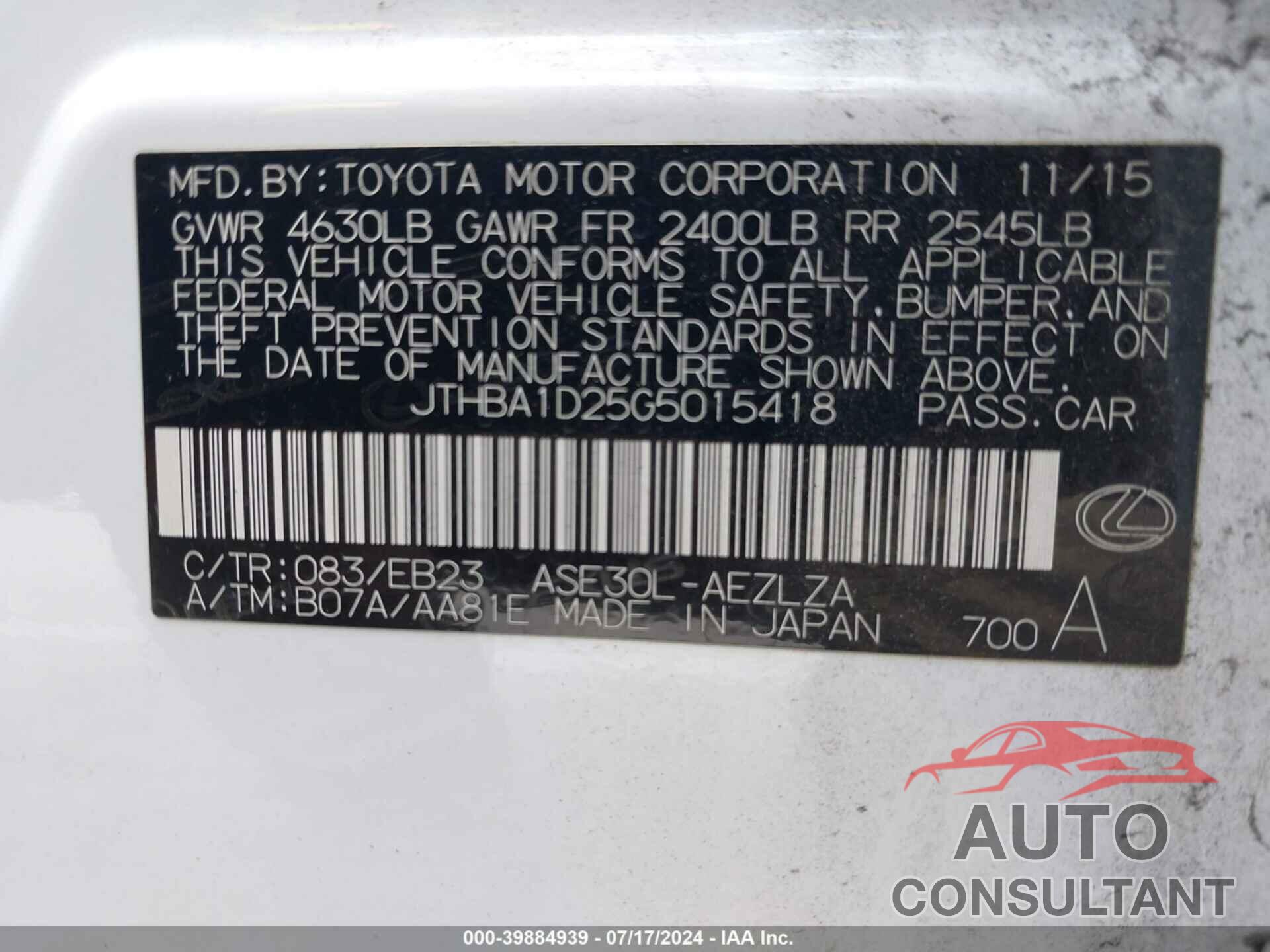 LEXUS IS 200T 2016 - JTHBA1D25G5015418
