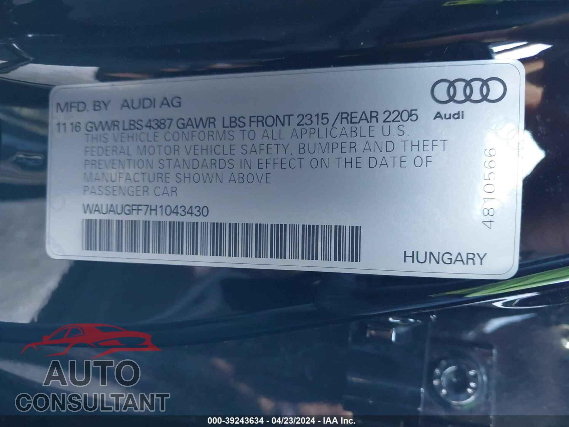 AUDI A3 2017 - WAUAUGFF7H1043430
