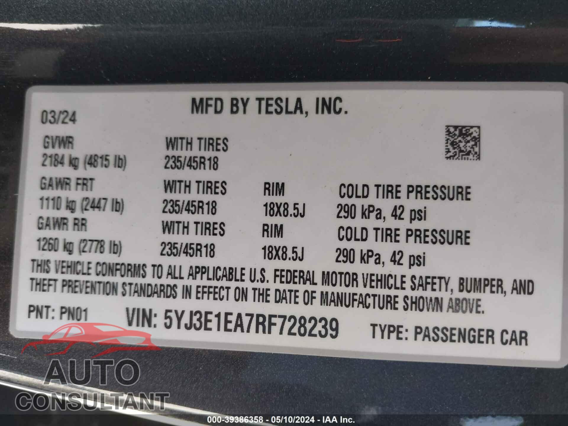 TESLA MODEL 3 2024 - 5YJ3E1EA7RF728239