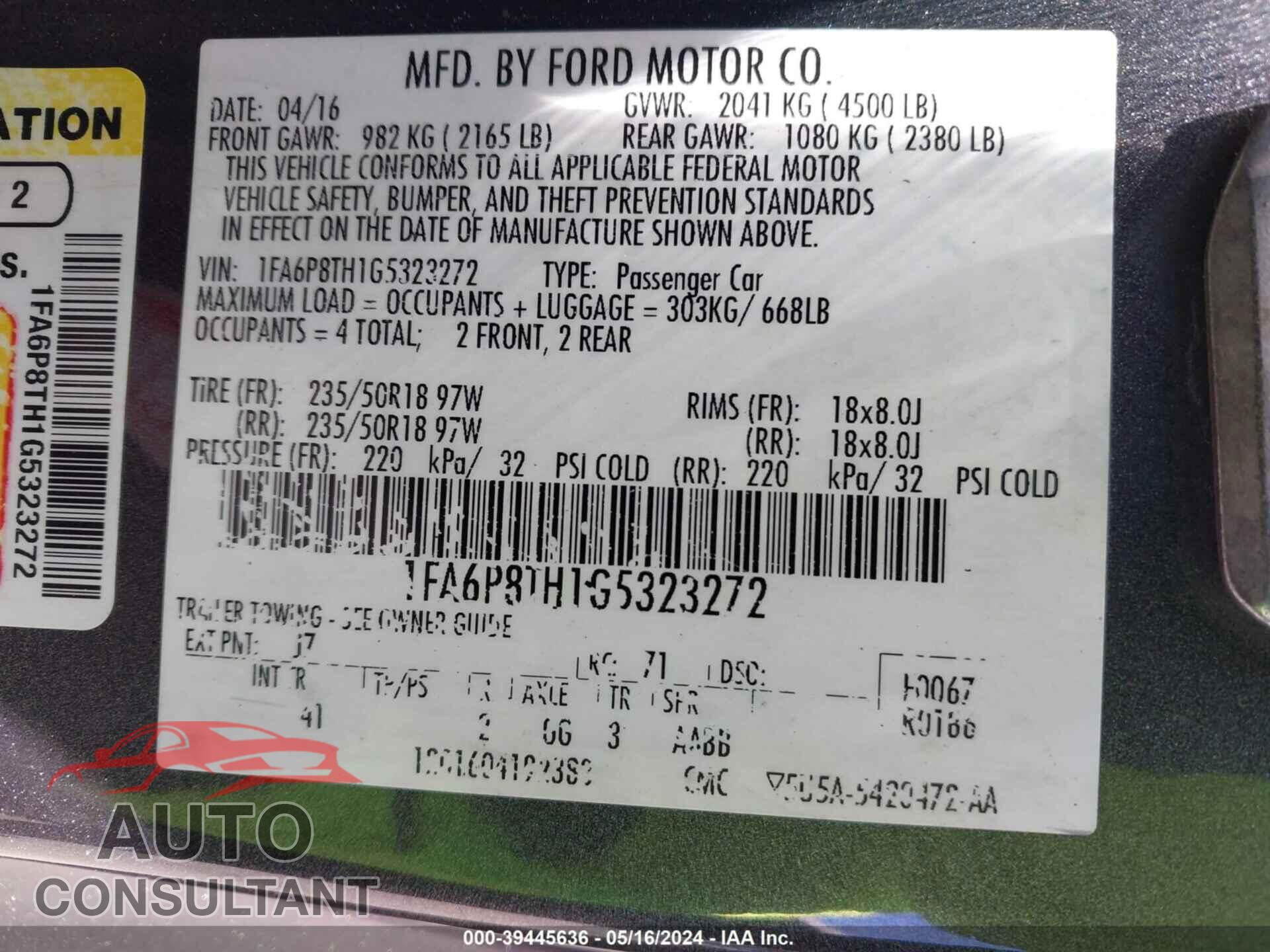 FORD MUSTANG 2016 - 1FA6P8TH1G5323272