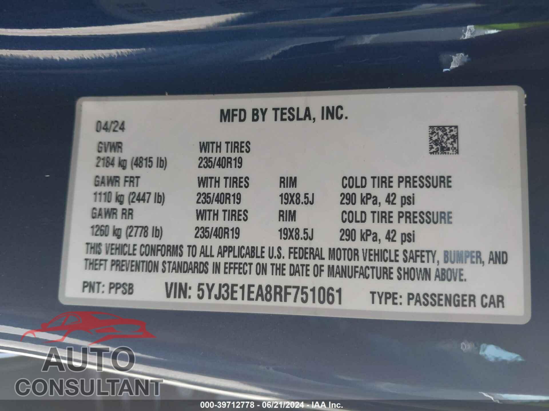 TESLA MODEL 3 2024 - 5YJ3E1EA8RF751061