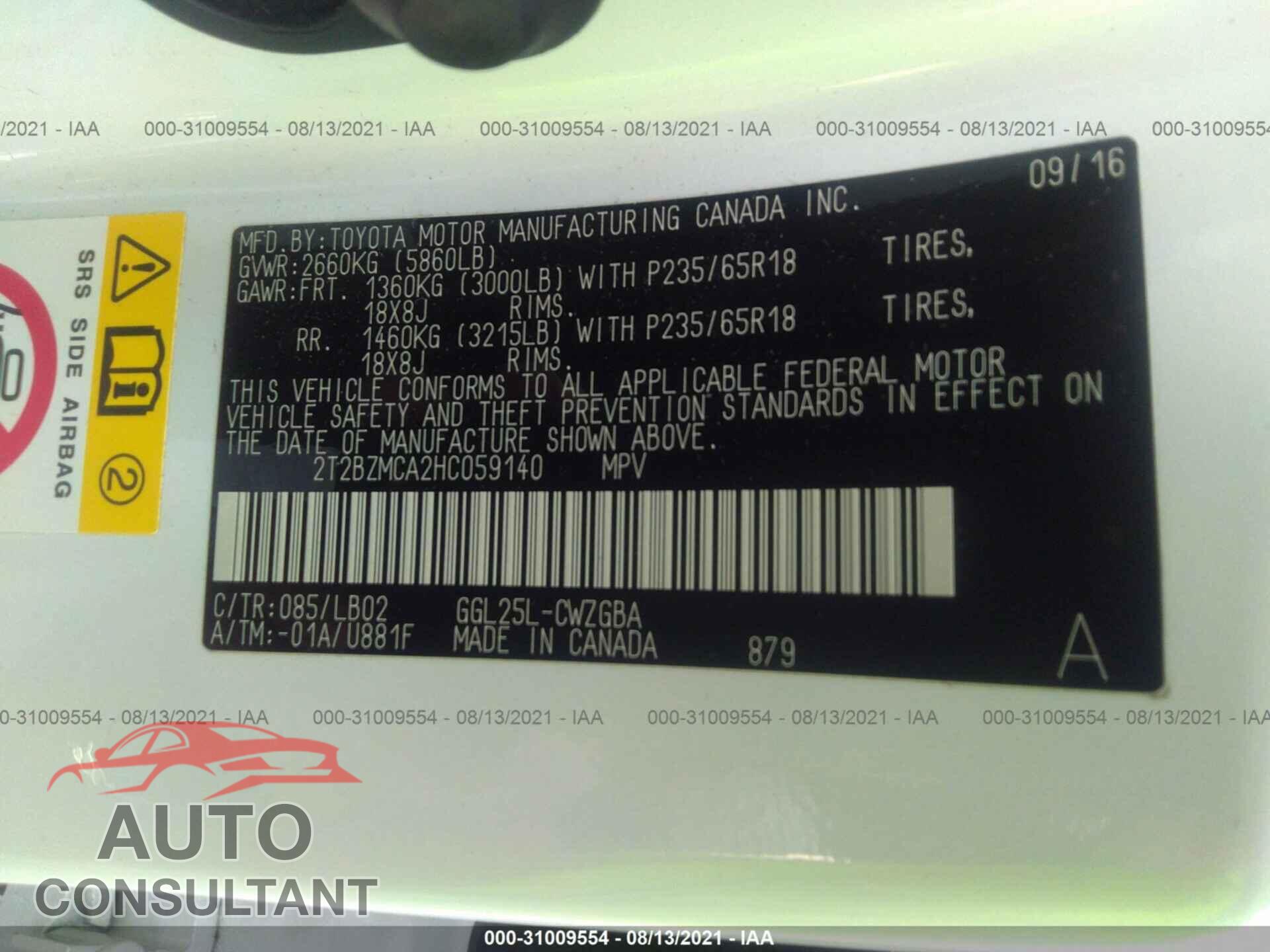 LEXUS RX 2017 - 2T2BZMCA2HC059140