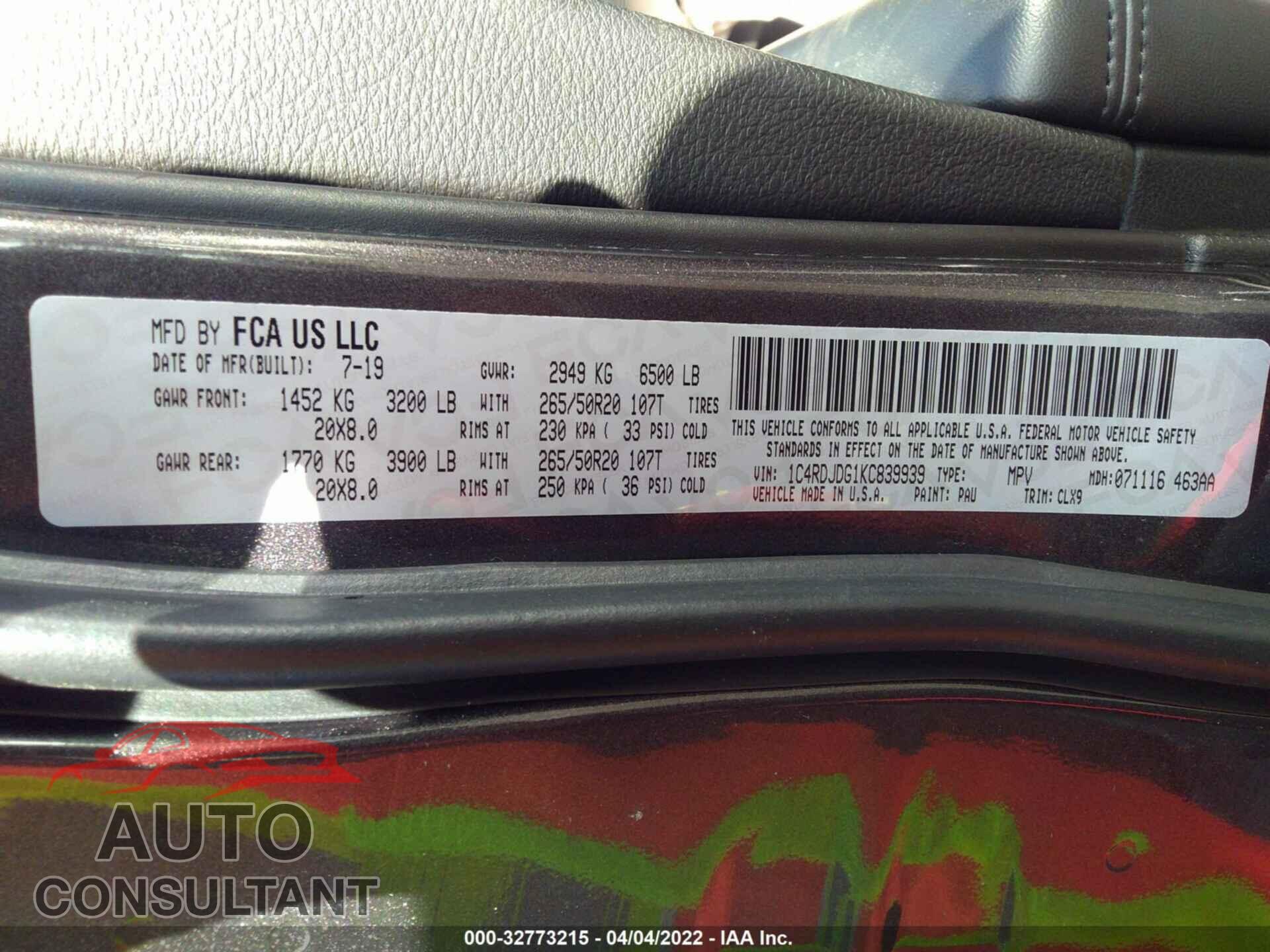 DODGE DURANGO 2019 - 1C4RDJDG1KC839939
