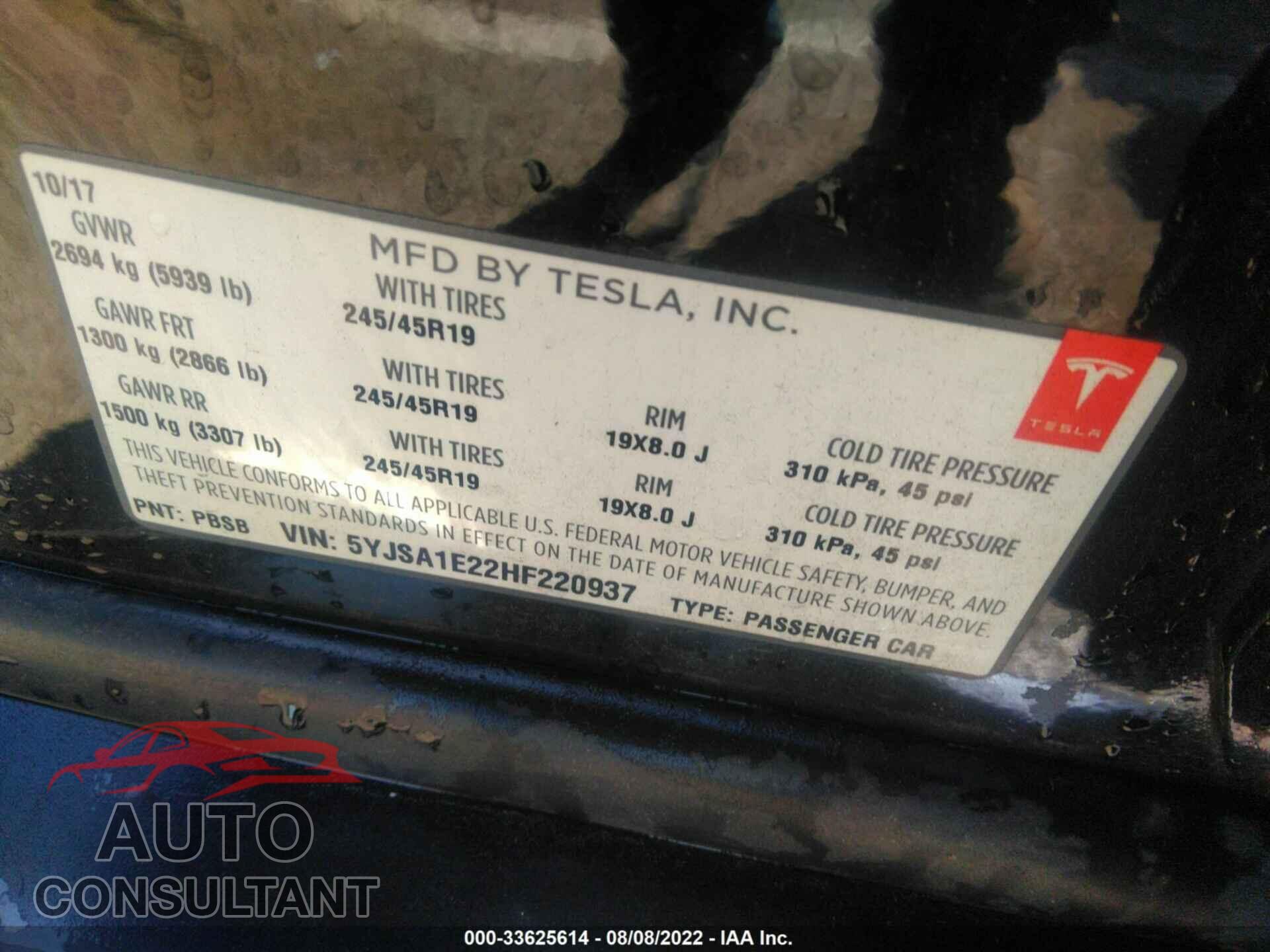 TESLA MODEL S 2017 - 5YJSA1E22HF220937