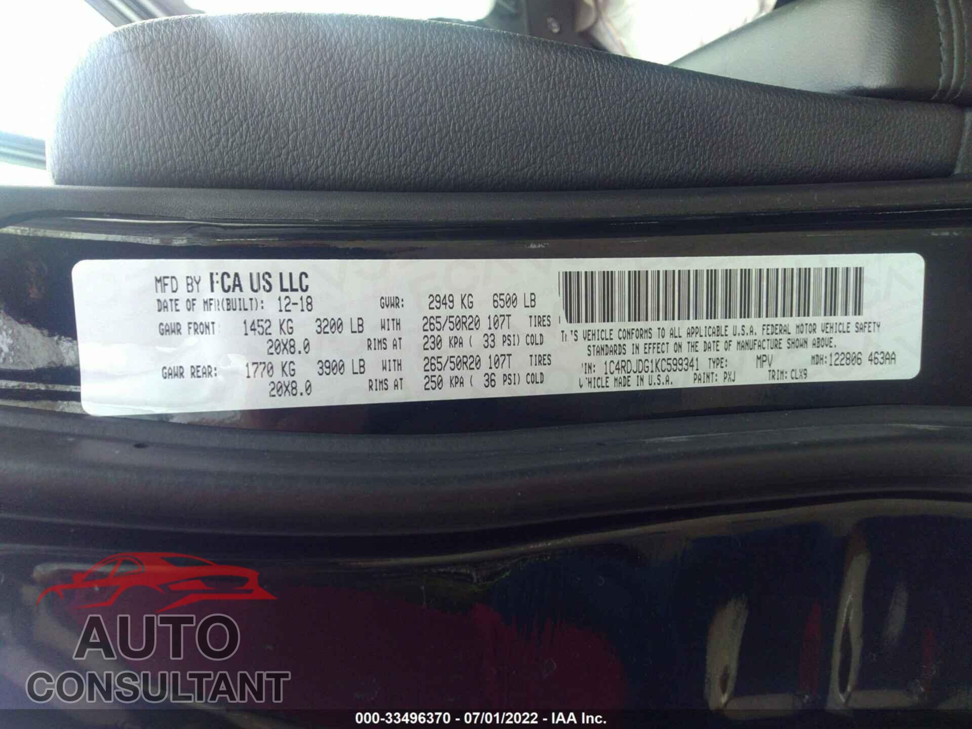DODGE DURANGO 2019 - 1C4RDJDG1KC599341