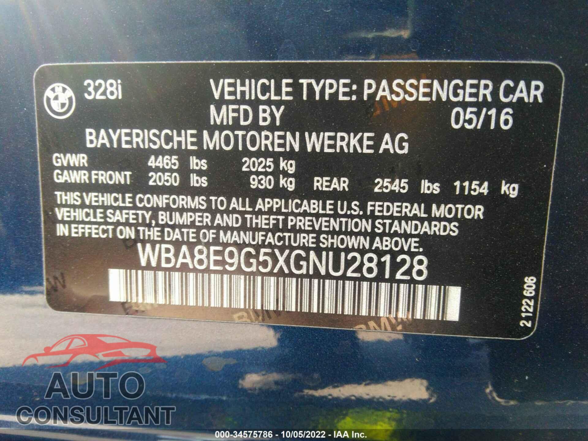 BMW 3 SERIES 2016 - WBA8E9G5XGNU28128