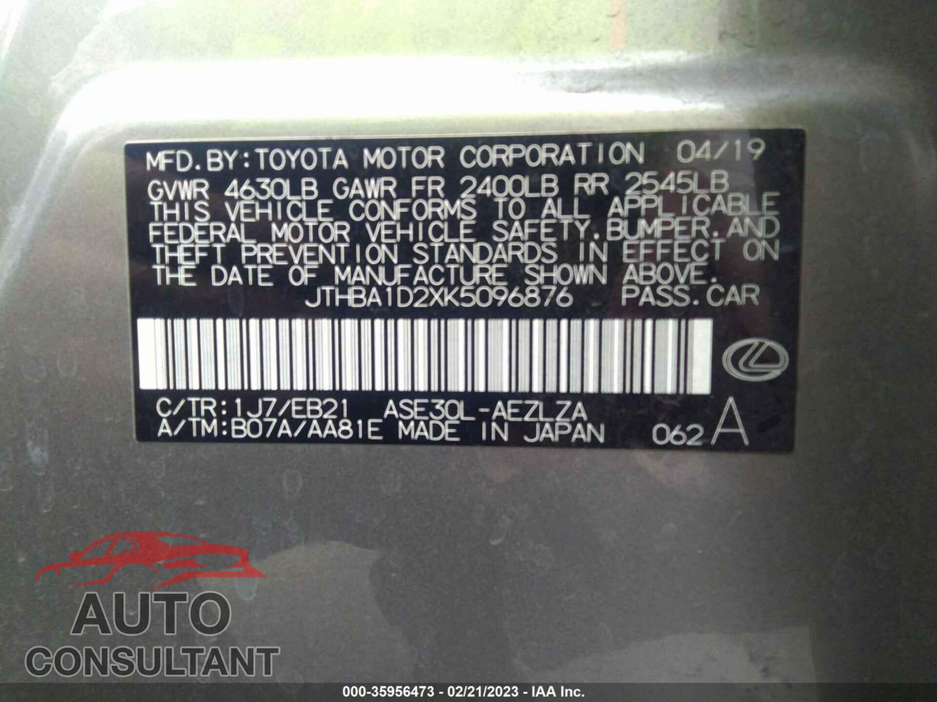 LEXUS IS 2019 - JTHBA1D2XK5096876
