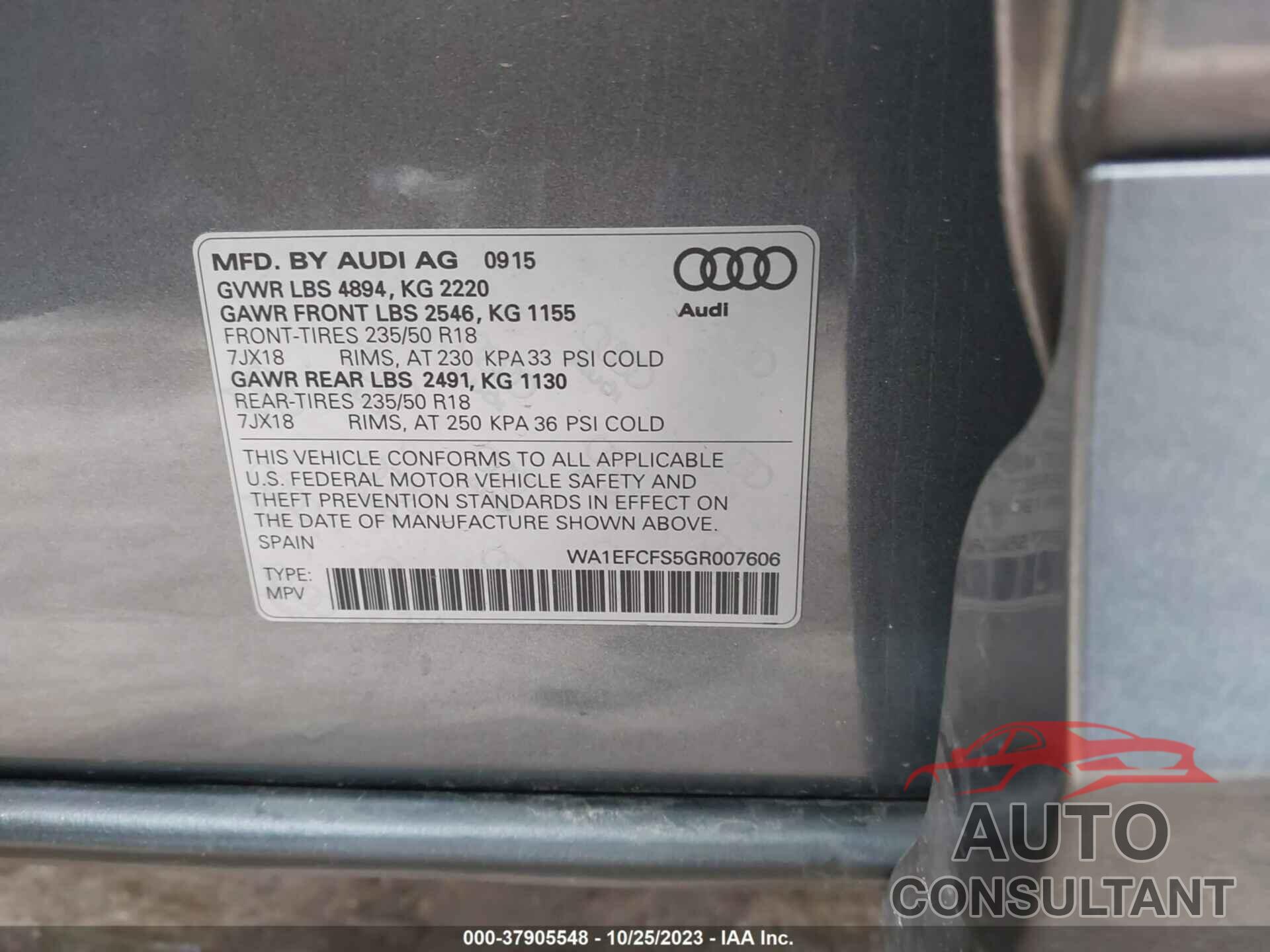 AUDI Q3 2016 - WA1EFCFS5GR007606