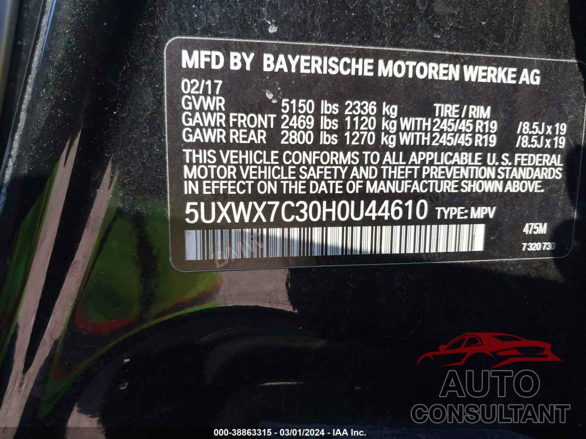 BMW X3 2017 - 5UXWX7C30H0U44610