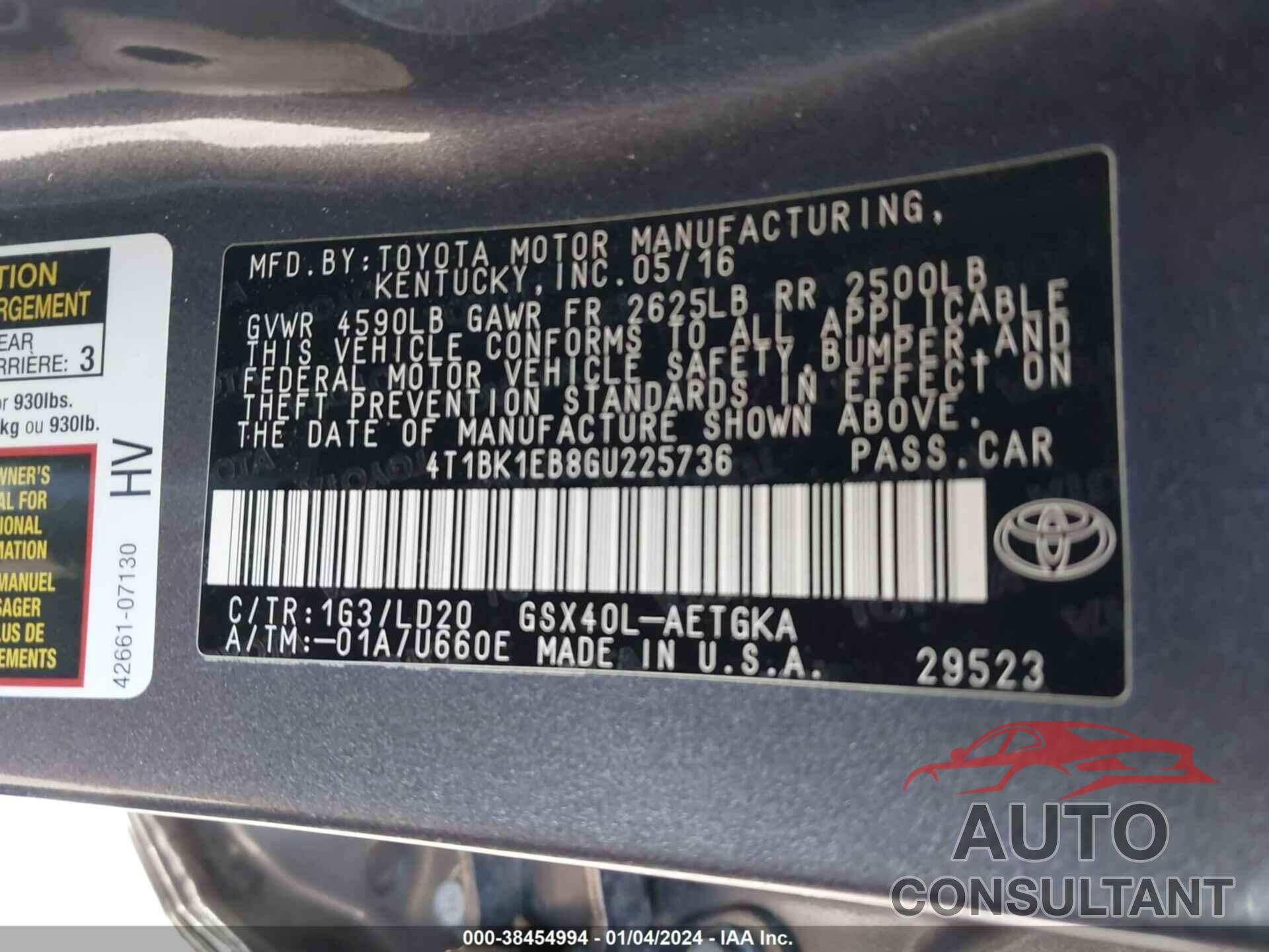 TOYOTA AVALON 2016 - 4T1BK1EB8GU225736