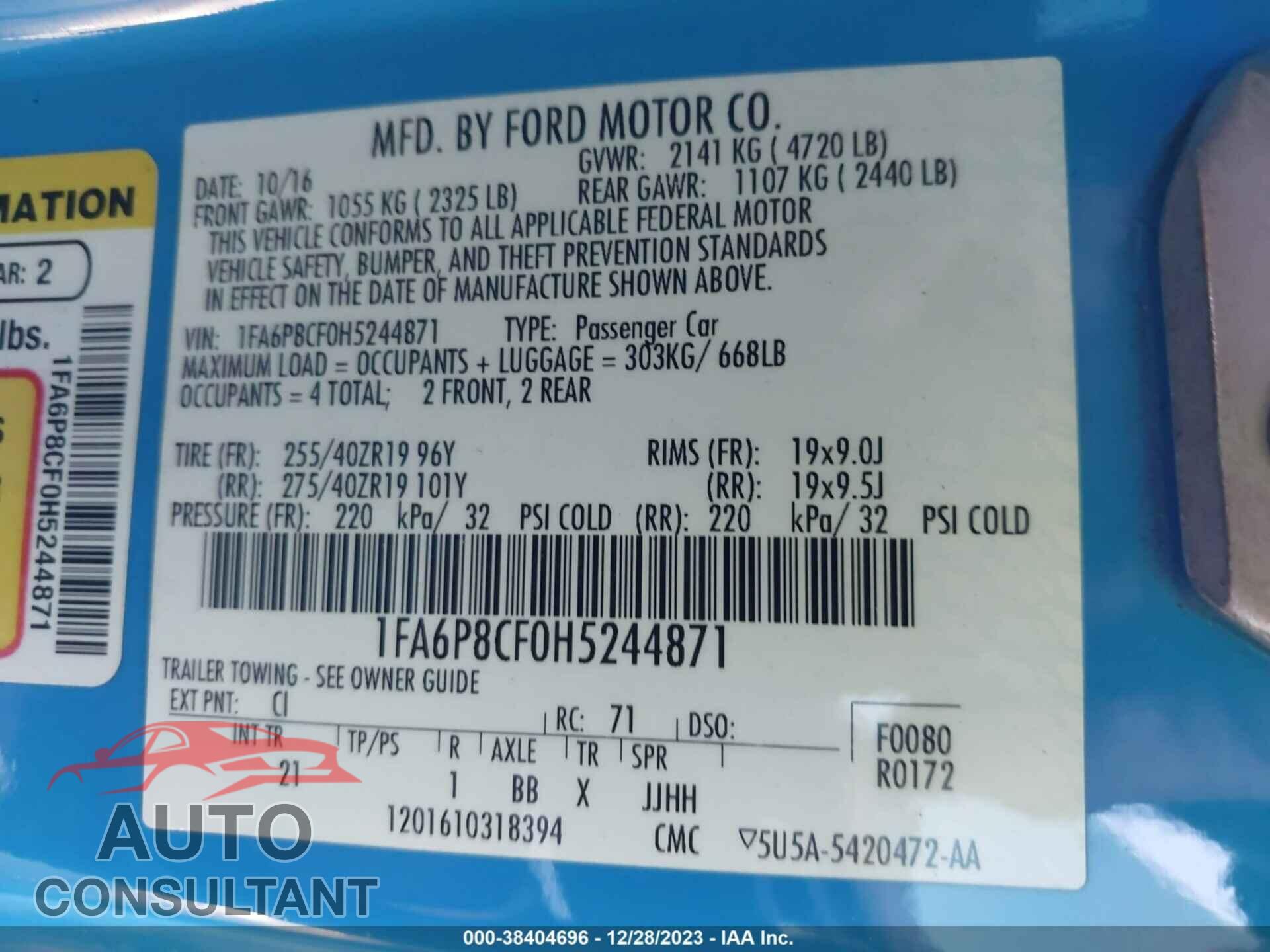 FORD MUSTANG 2017 - 1FA6P8CF0H5244871
