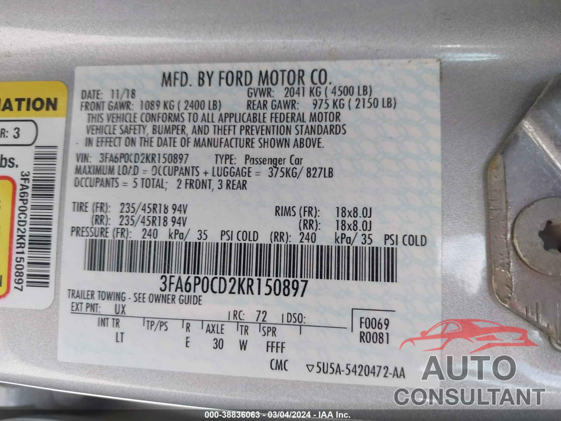 FORD FUSION 2019 - 3FA6P0CD2KR150897