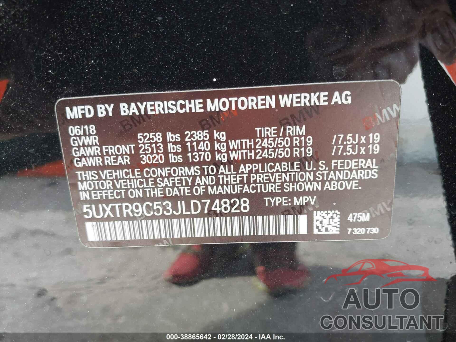 BMW X3 2018 - 5UXTR9C53JLD74828
