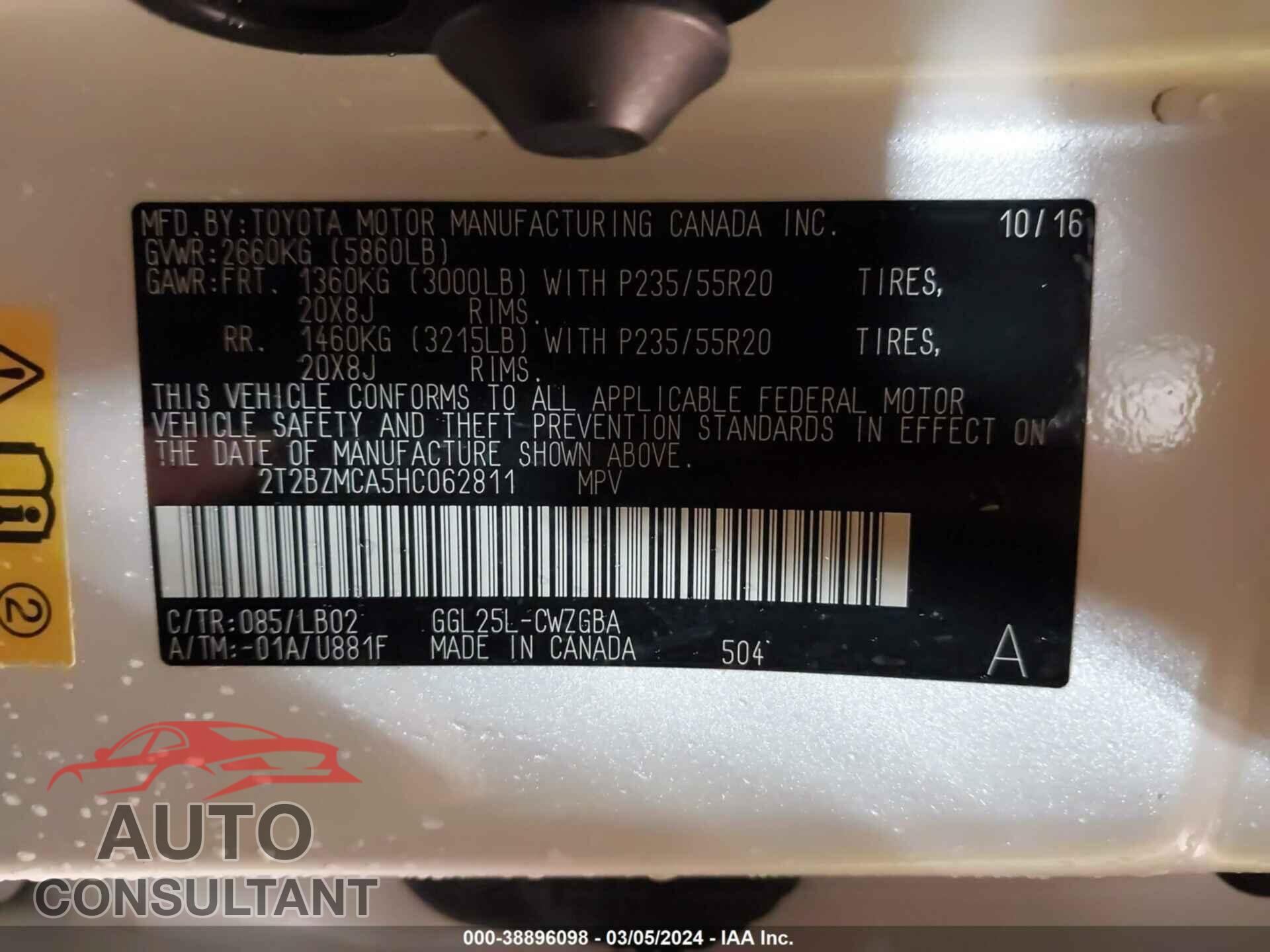 LEXUS RX 350 2017 - 2T2BZMCA5HC062811