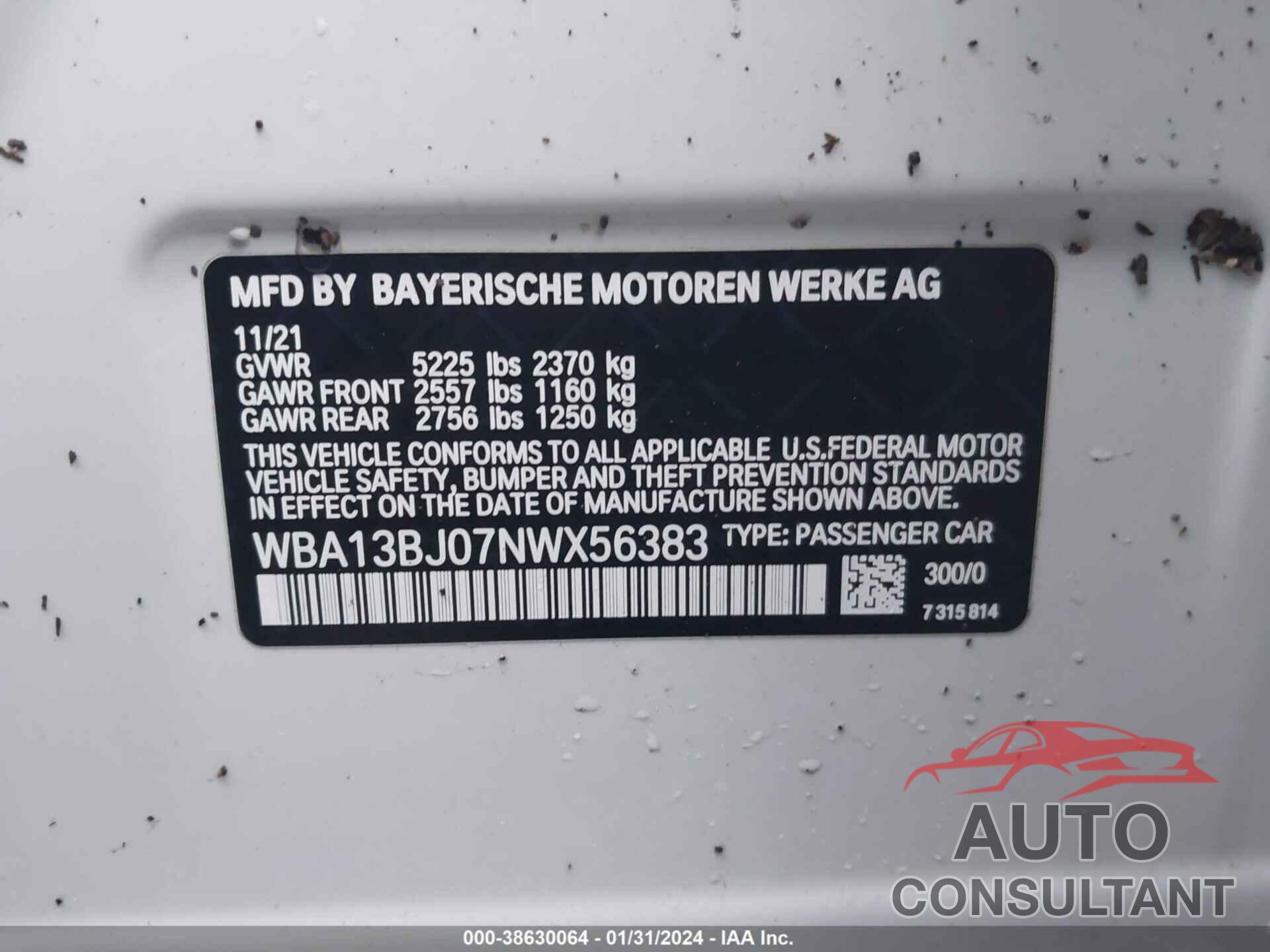 BMW 530I 2022 - WBA13BJ07NWX56383