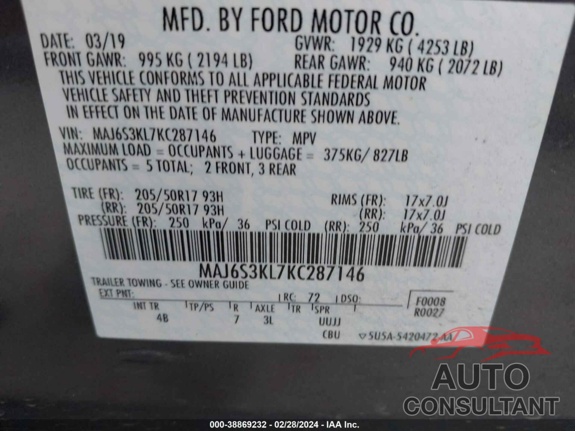 FORD ECOSPORT 2019 - MAJ6S3KL7KC287146