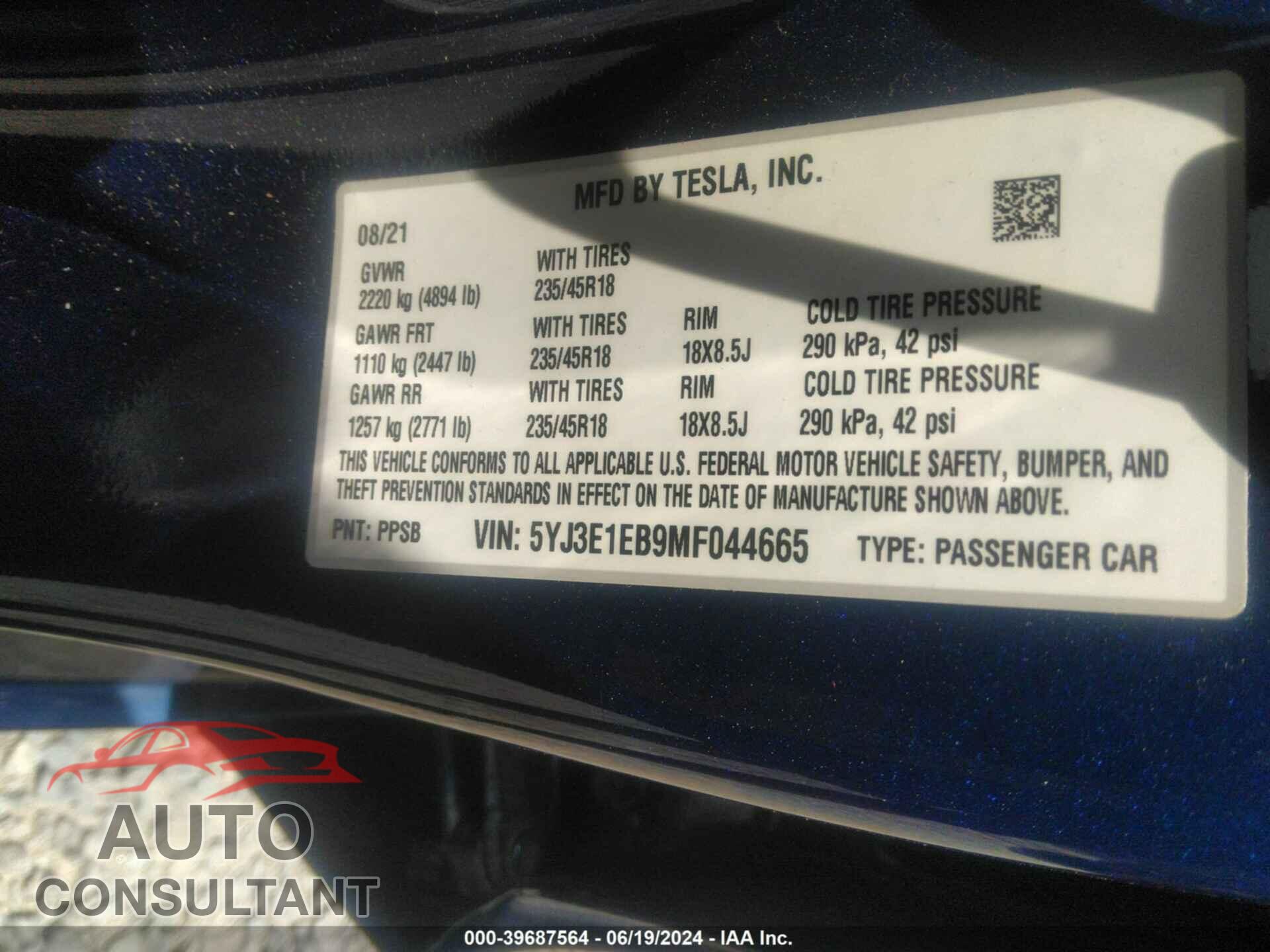 TESLA MODEL 3 2021 - 5YJ3E1EB9MF044665