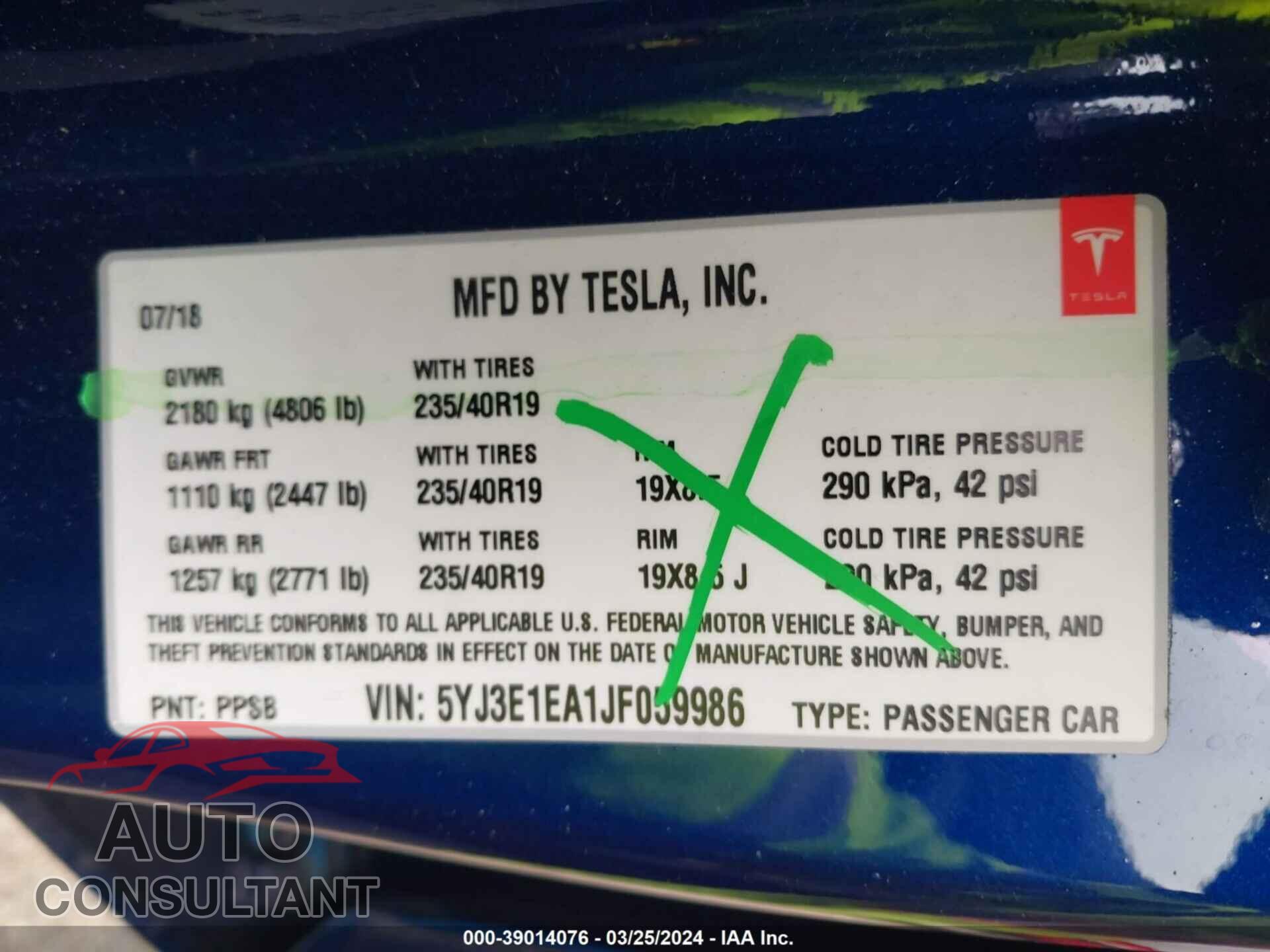 TESLA MODEL 3 2018 - 5YJ3E1EA1JF059986