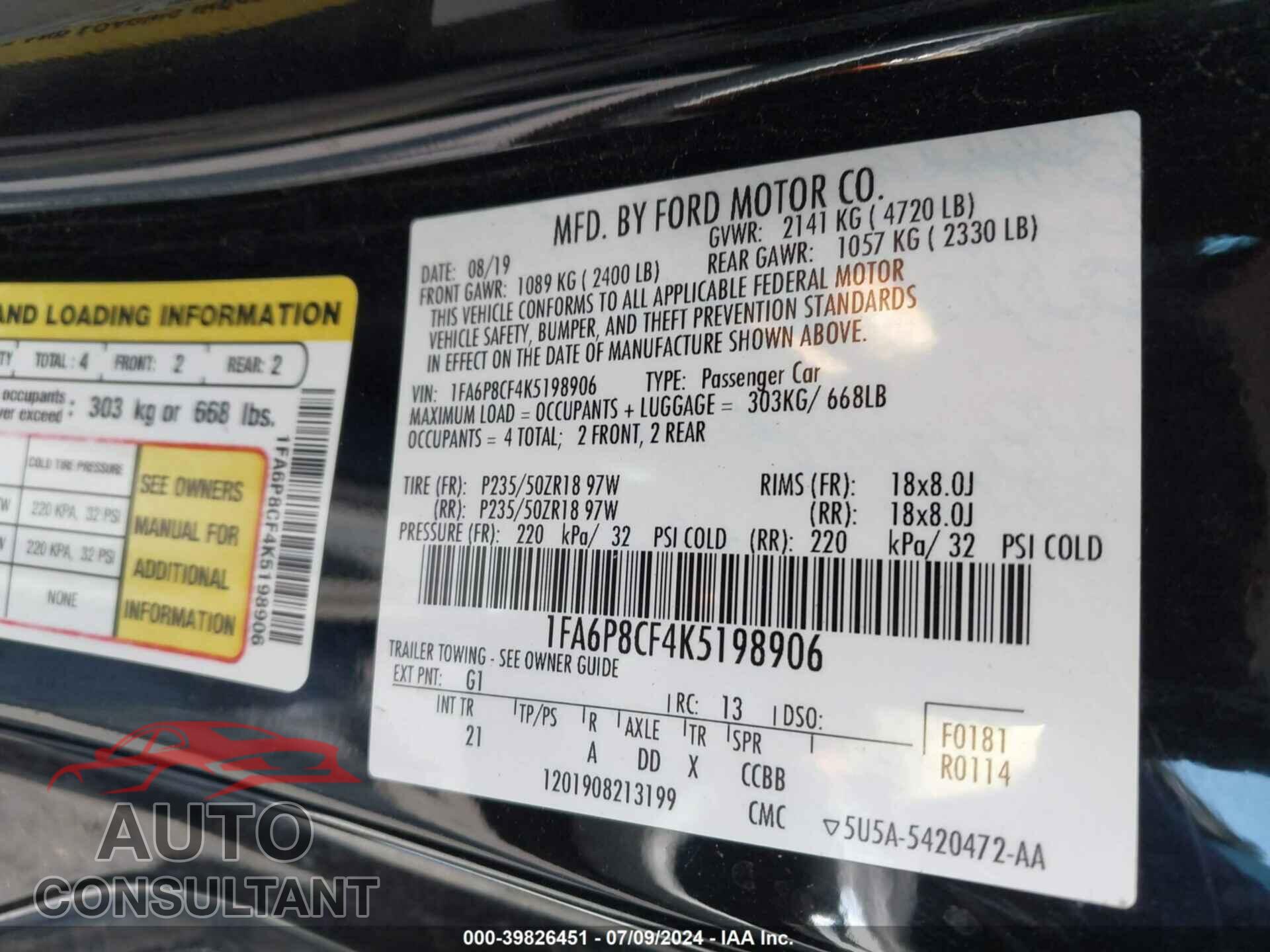 FORD MUSTANG 2019 - 1FA6P8CF4K5198906