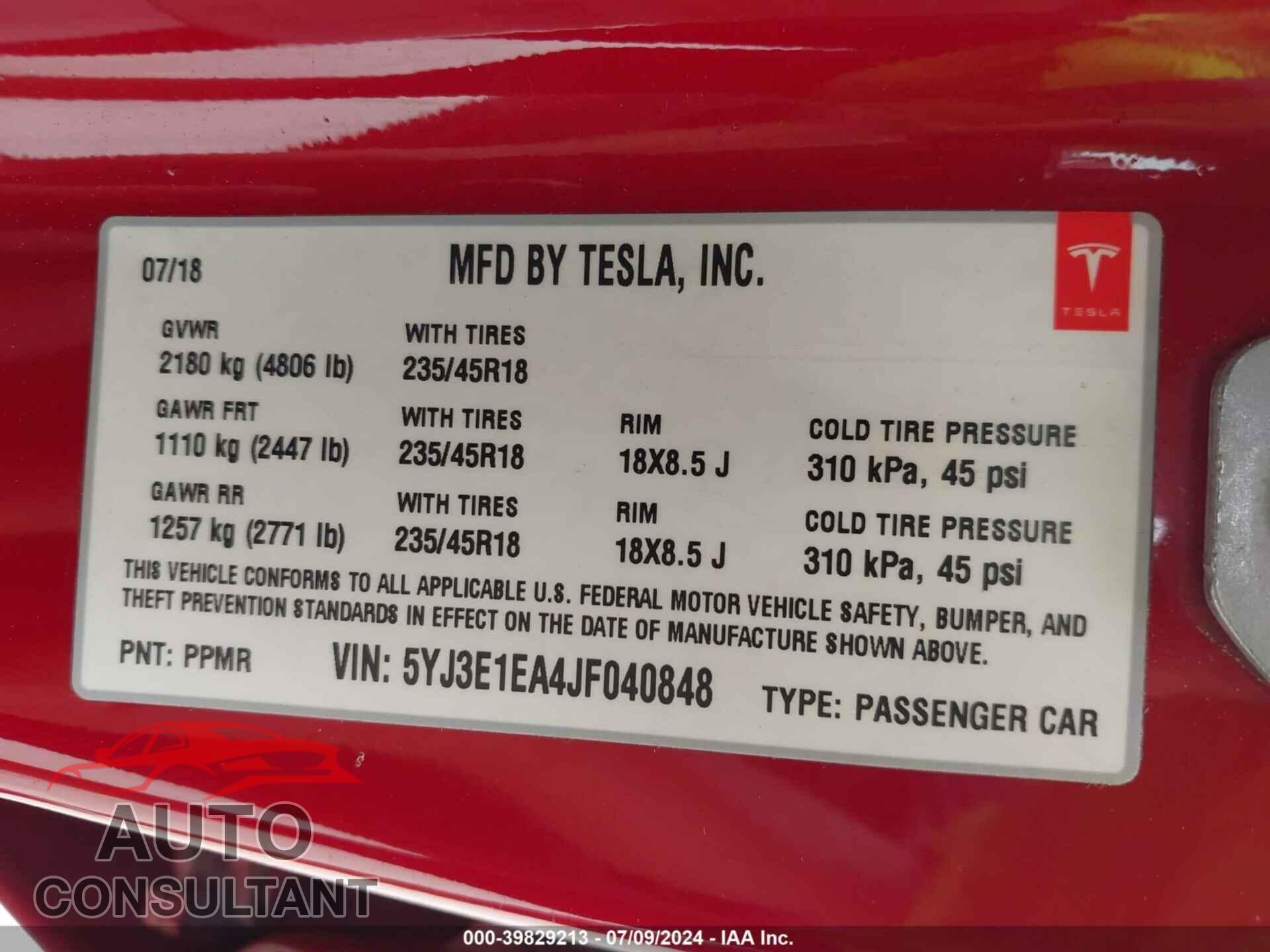 TESLA MODEL 3 2018 - 5YJ3E1EA4JF040848