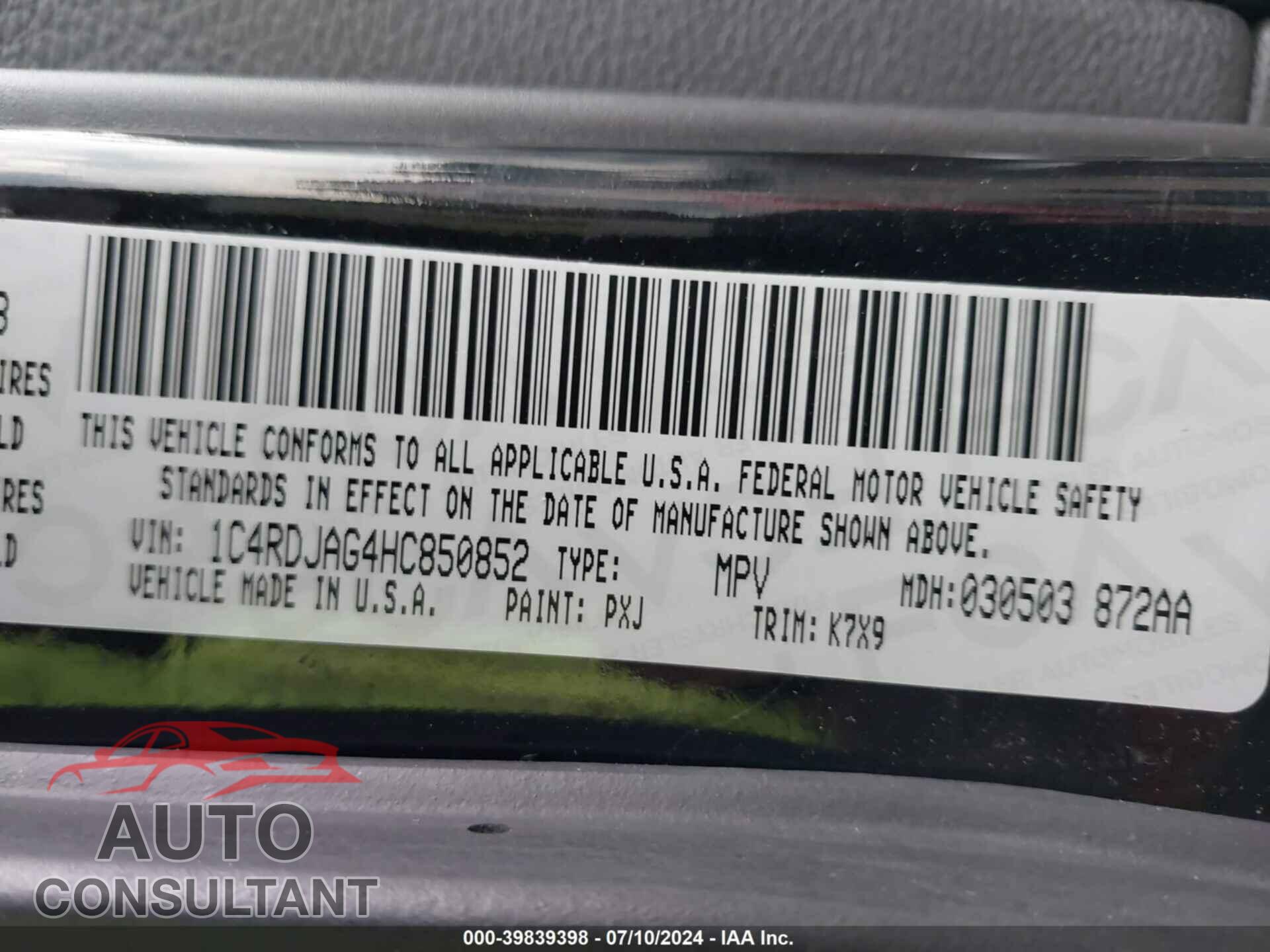 DODGE DURANGO 2017 - 1C4RDJAG4HC850852