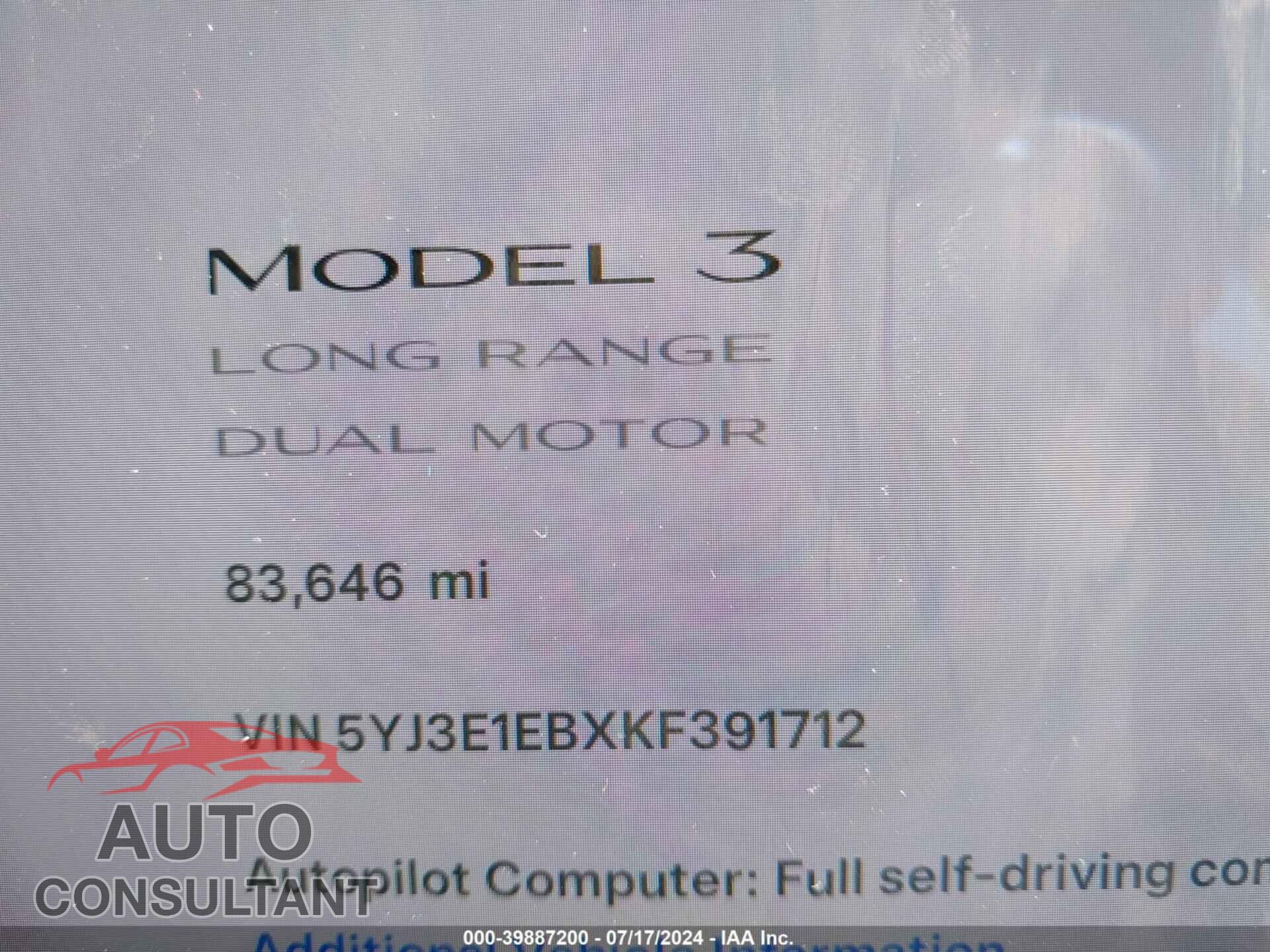 TESLA MODEL 3 2019 - 5YJ3E1EBXKF391712
