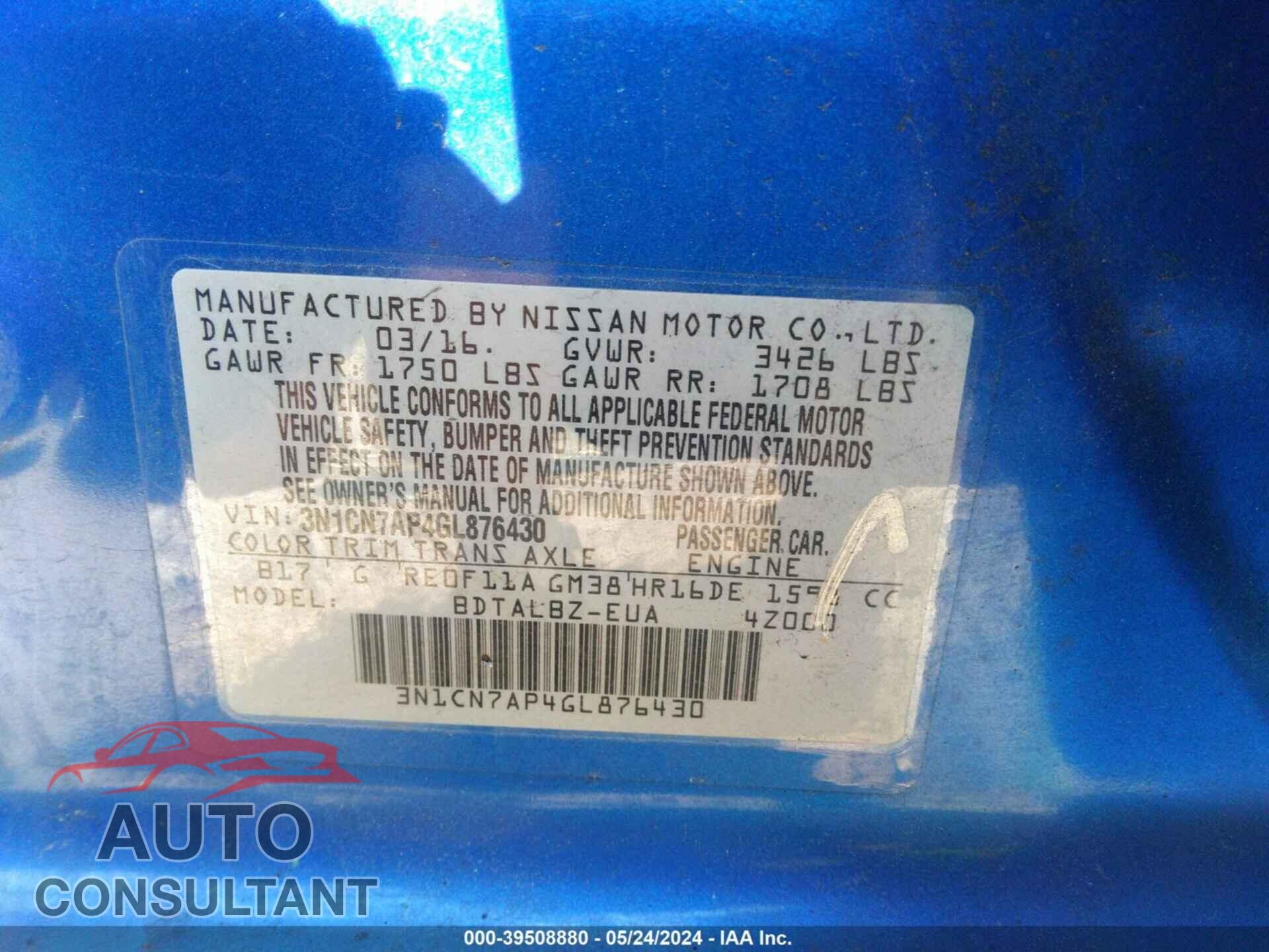 NISSAN VERSA 2016 - 3N1CN7AP4GL876430