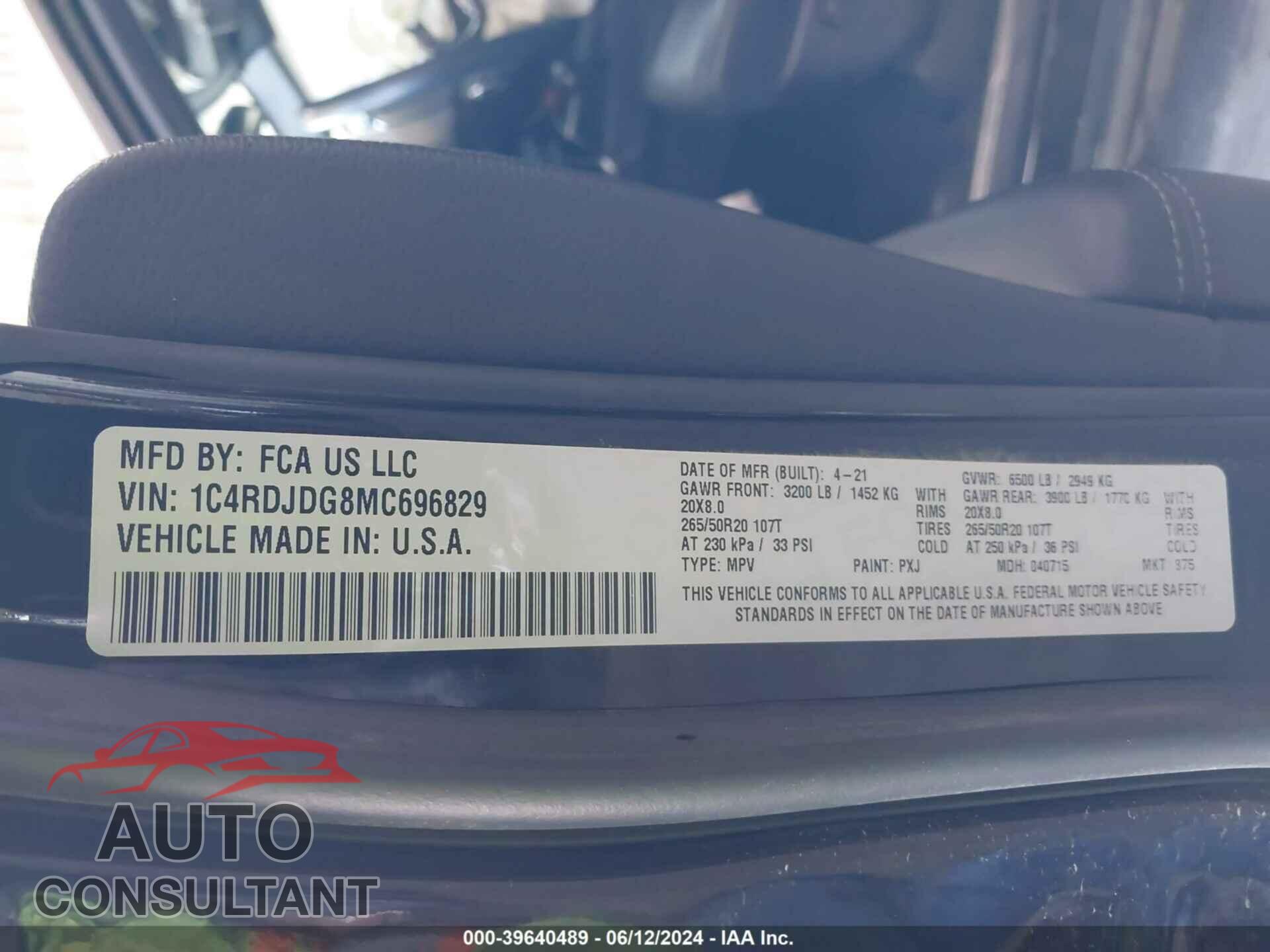 DODGE DURANGO 2021 - 1C4RDJDG8MC696829
