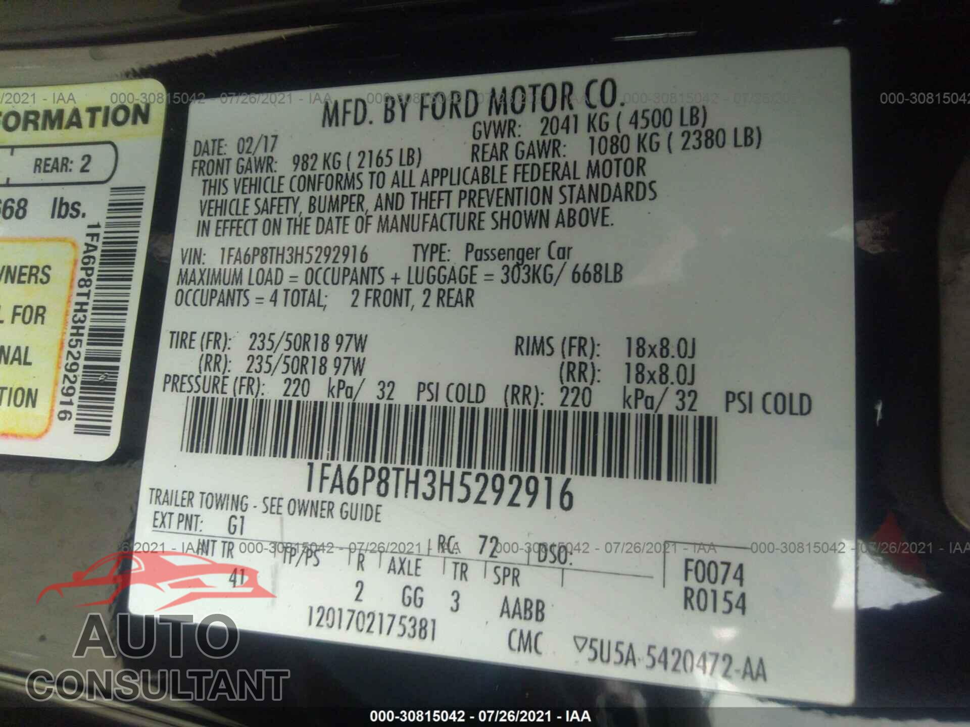 FORD MUSTANG 2017 - 1FA6P8TH3H5292916