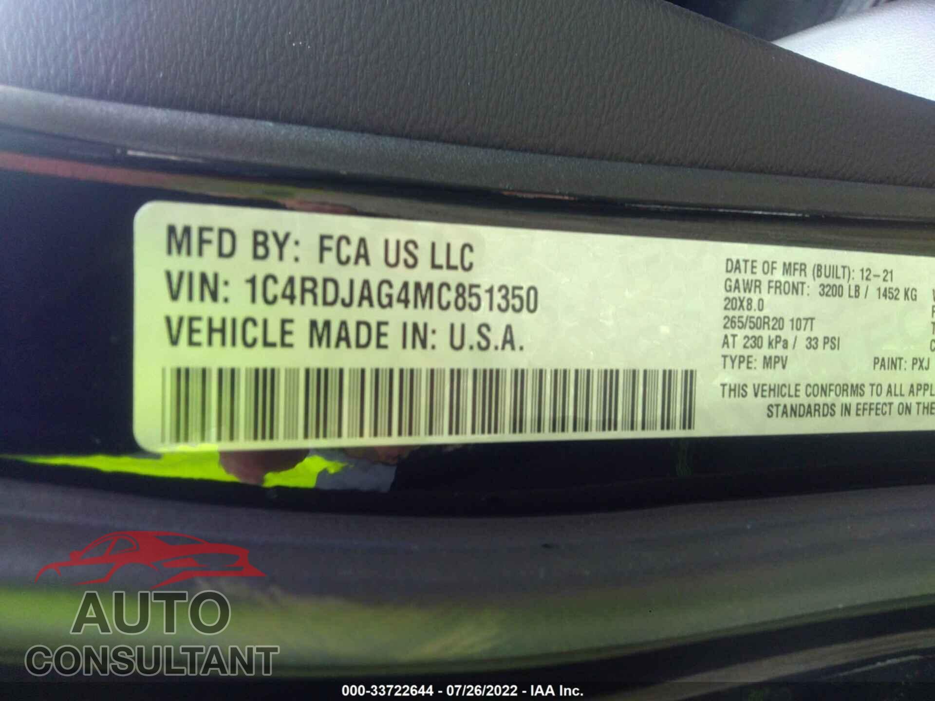DODGE DURANGO 2021 - 1C4RDJAG4MC851350