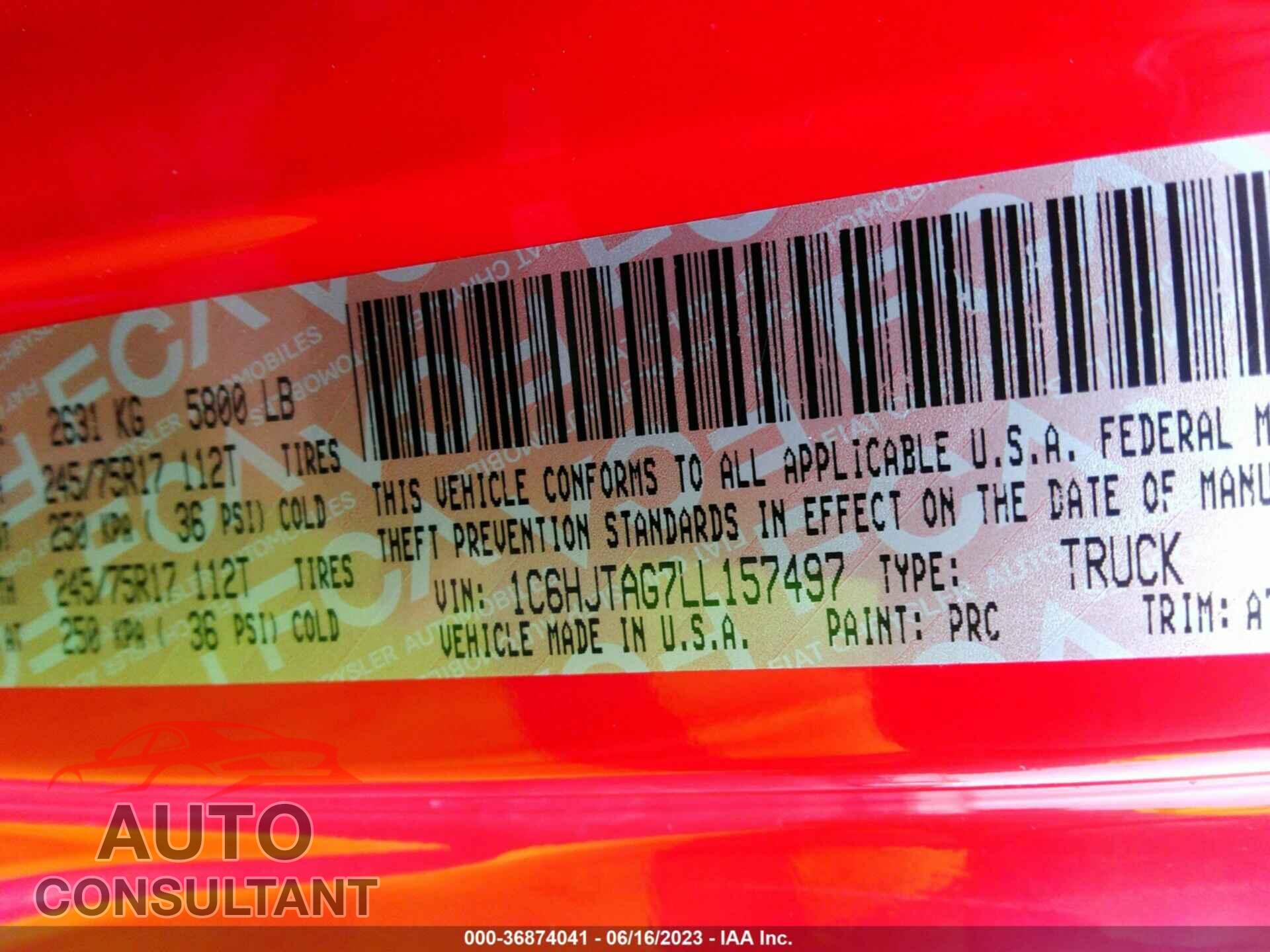 JEEP GLADIATOR 2020 - 1C6HJTAG7LL157497
