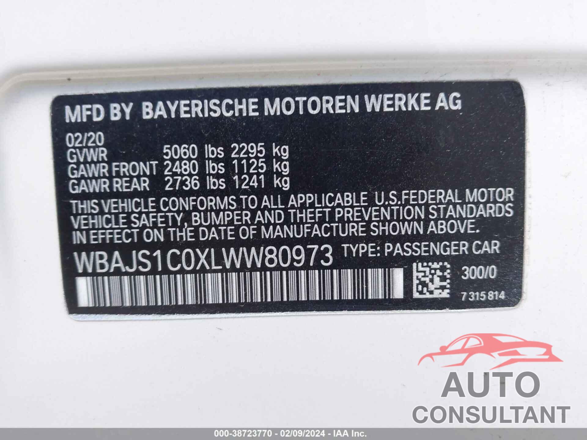 BMW 540I 2020 - WBAJS1C0XLWW80973