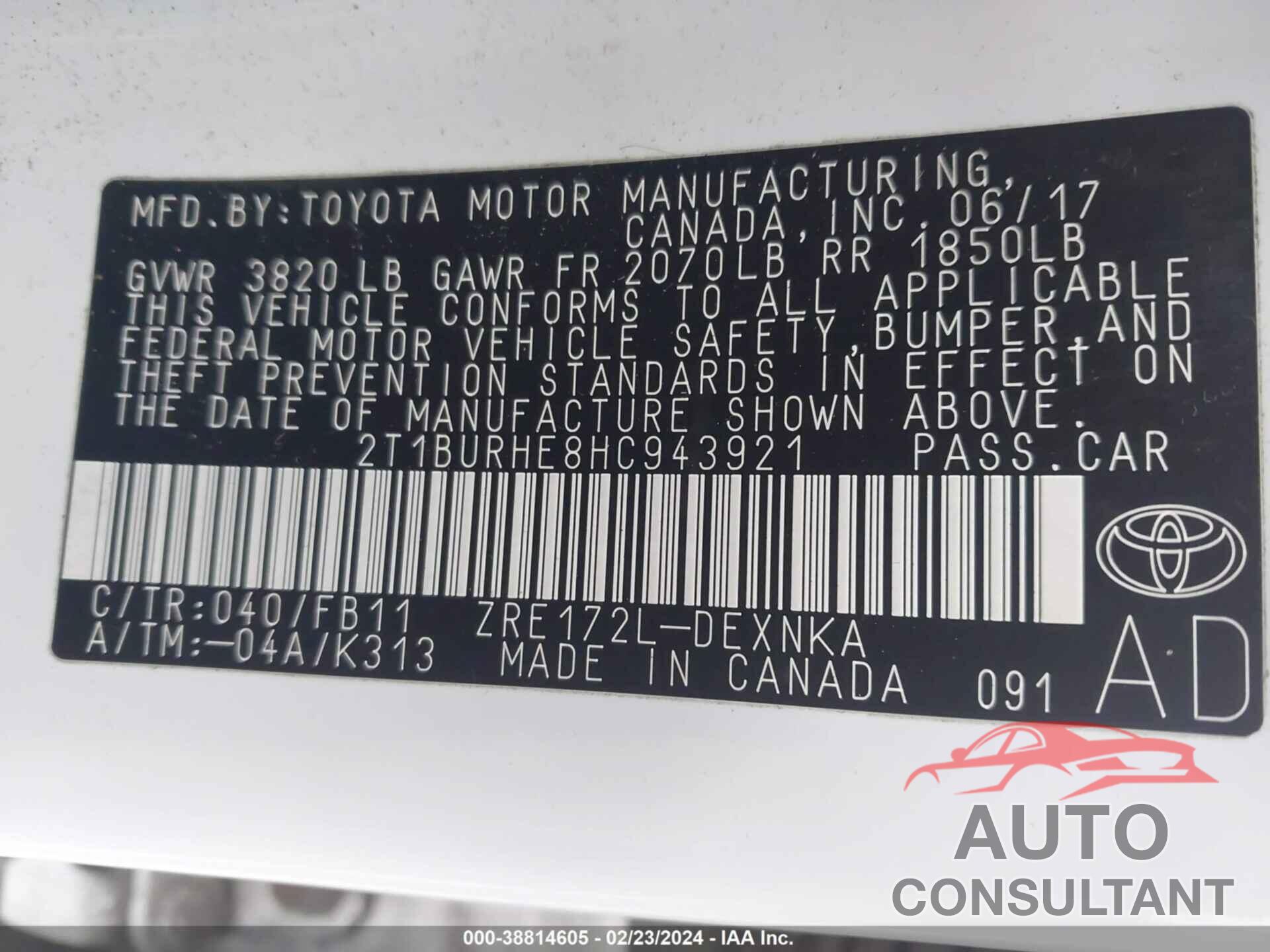 TOYOTA COROLLA 2017 - 2T1BURHE8HC943921