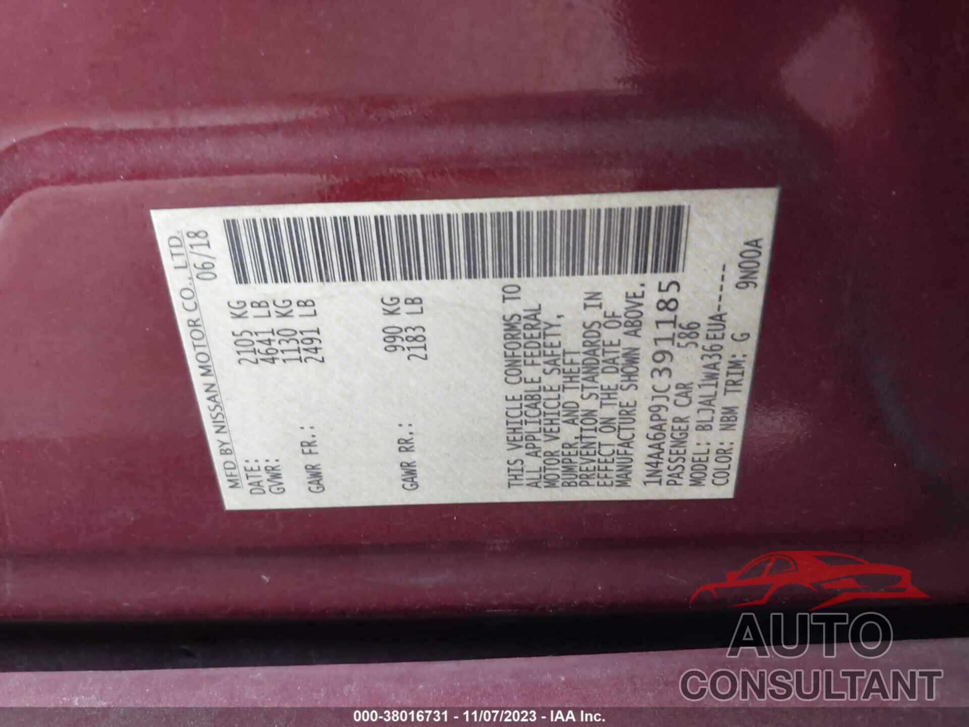 NISSAN MAXIMA 2018 - 1N4AA6AP9JC391185