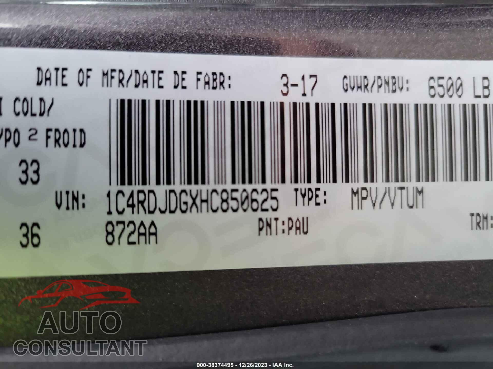 DODGE DURANGO 2017 - 1C4RDJDGXHC850625