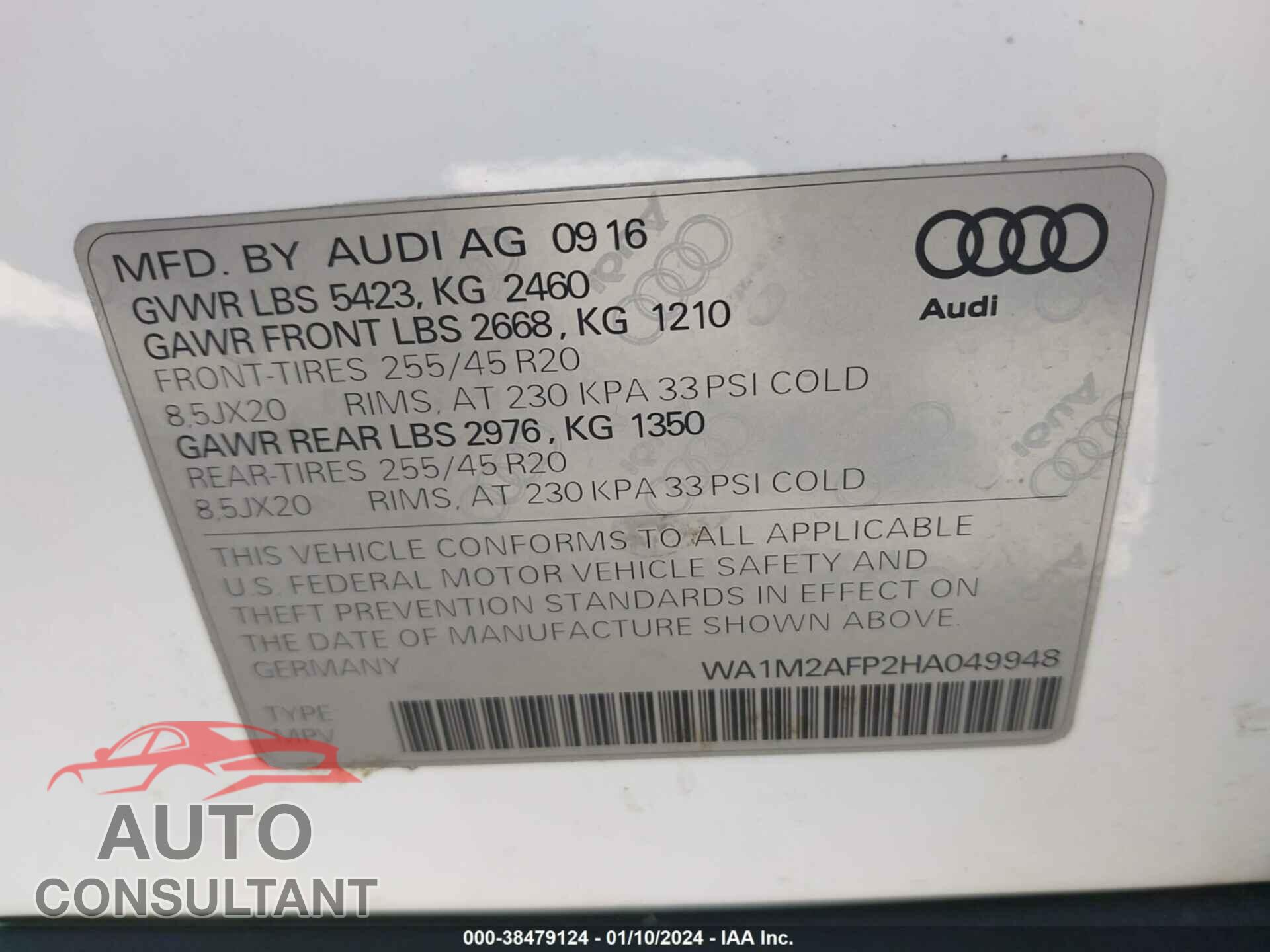 AUDI Q5 2017 - WA1M2AFP2HA049948