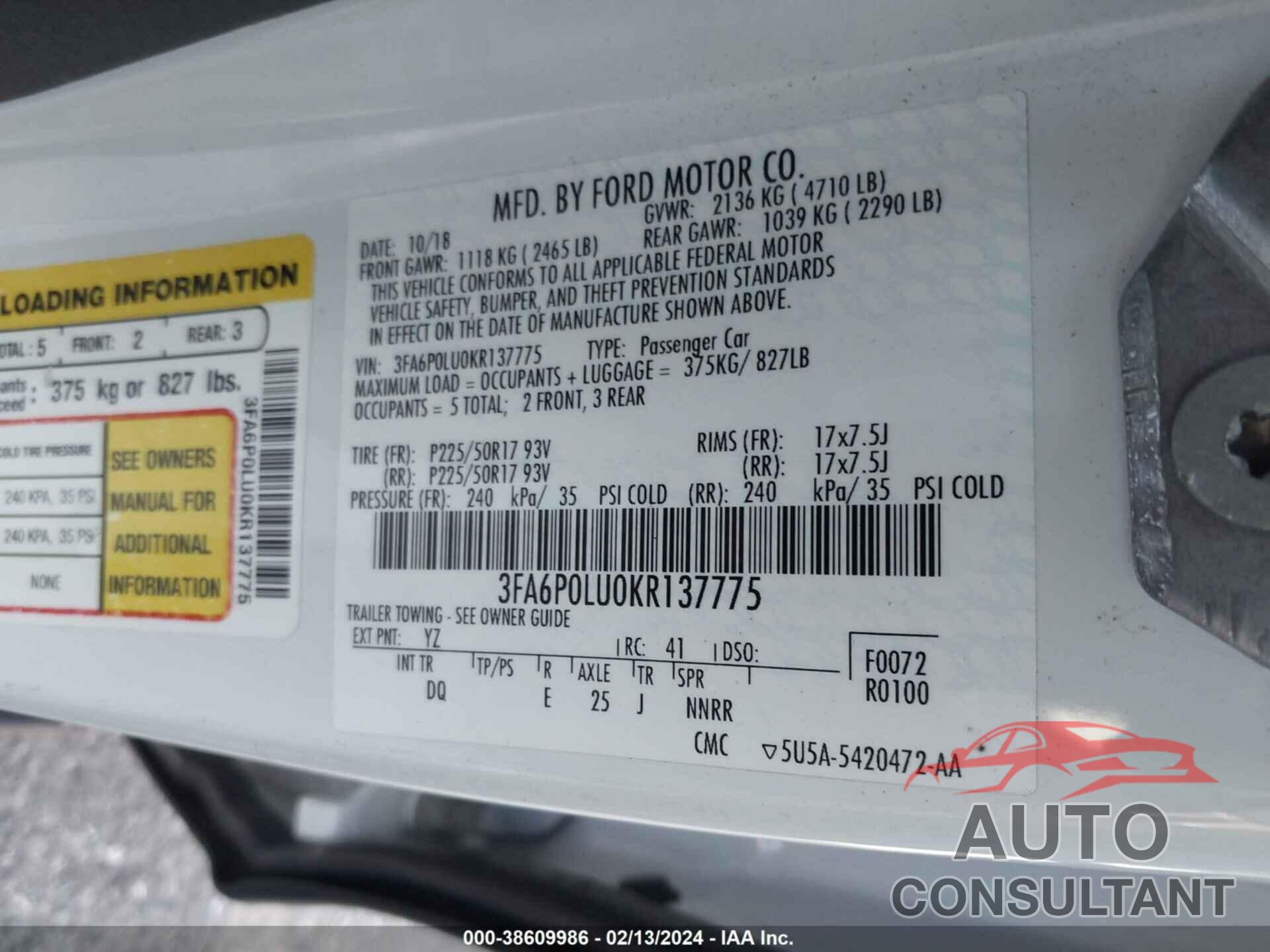 FORD FUSION HYBRID 2019 - 3FA6P0LU0KR137775