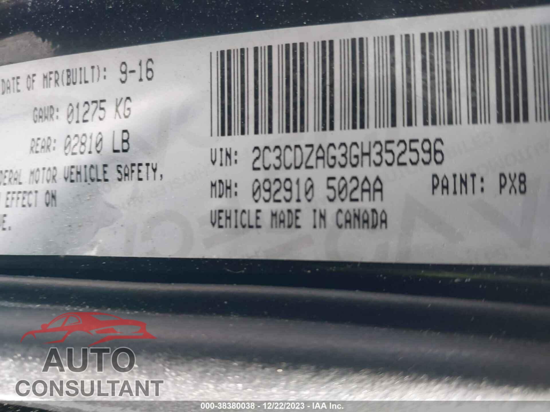 DODGE CHALLENGER 2016 - 2C3CDZAG3GH352596