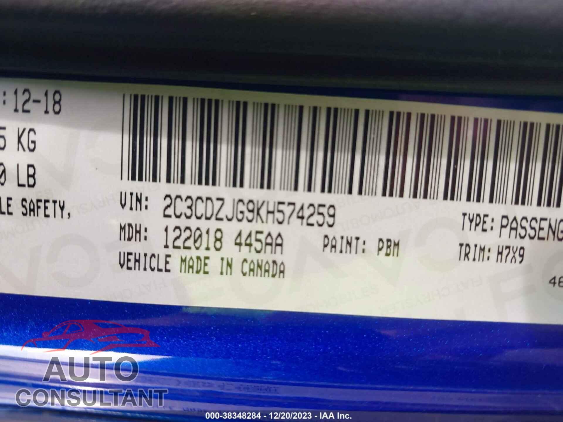 DODGE CHALLENGER 2019 - 2C3CDZJG9KH574259