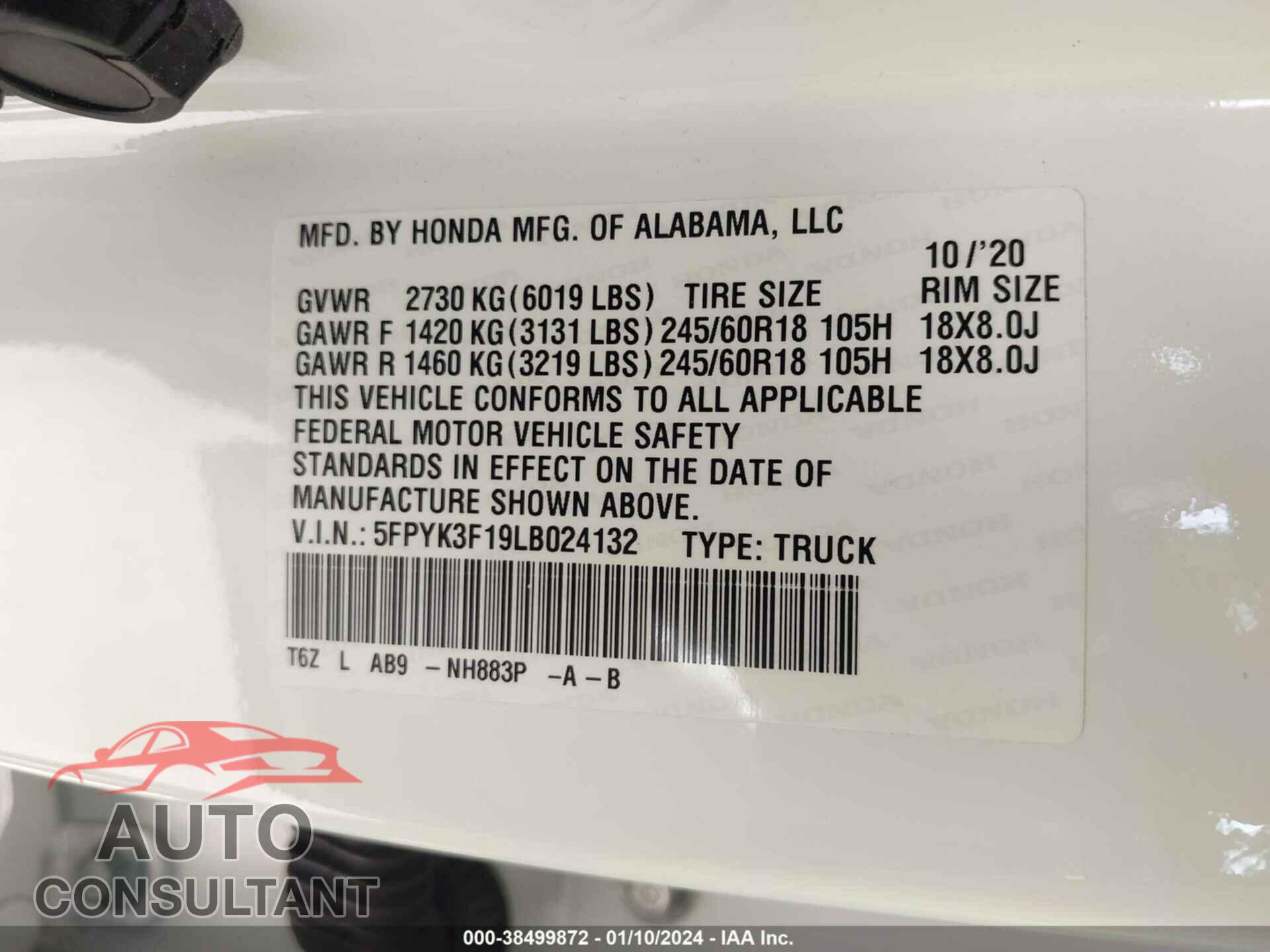 HONDA RIDGELINE 2020 - 5FPYK3F19LB024132