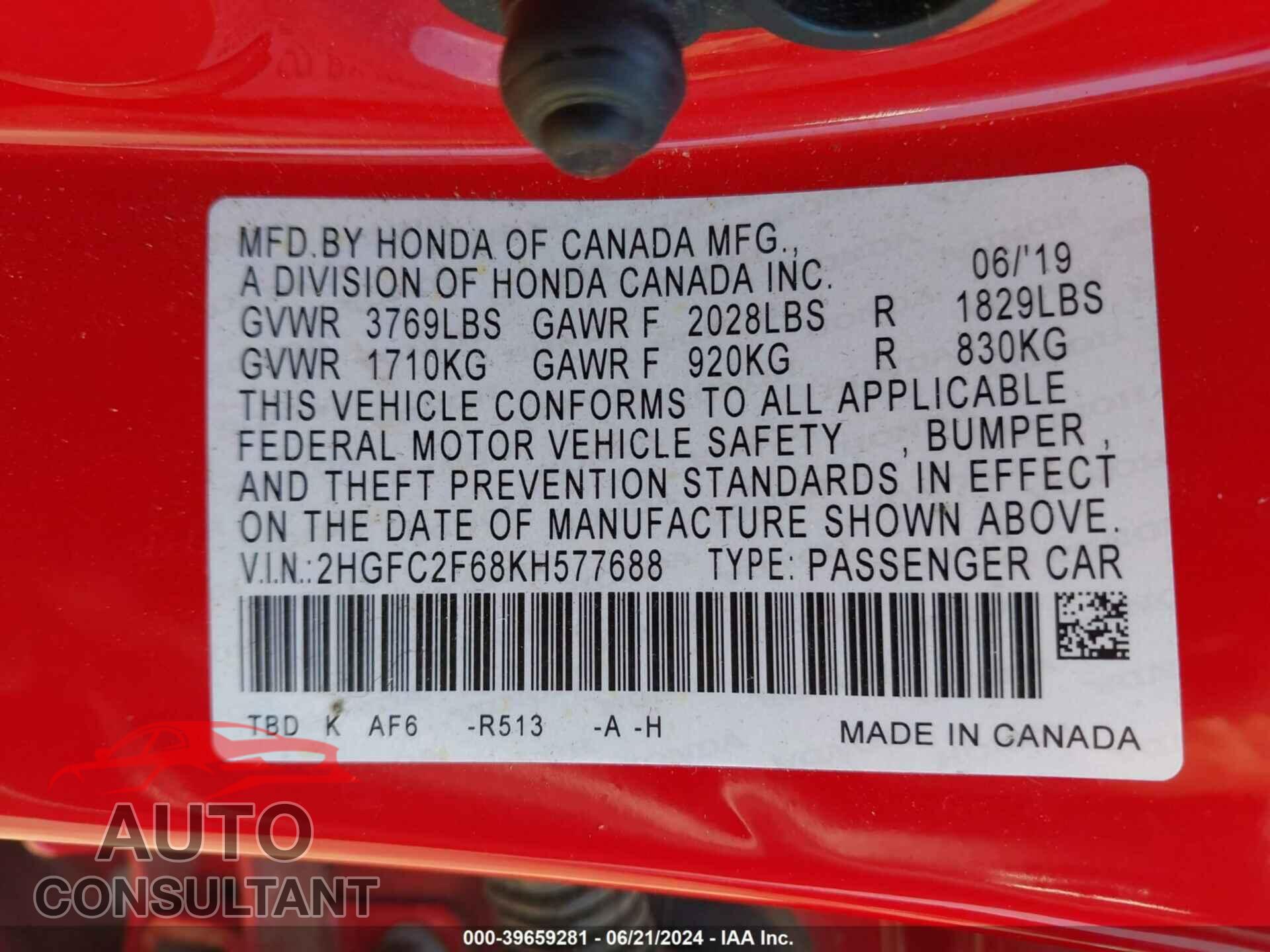 HONDA CIVIC 2019 - 2HGFC2F68KH577688
