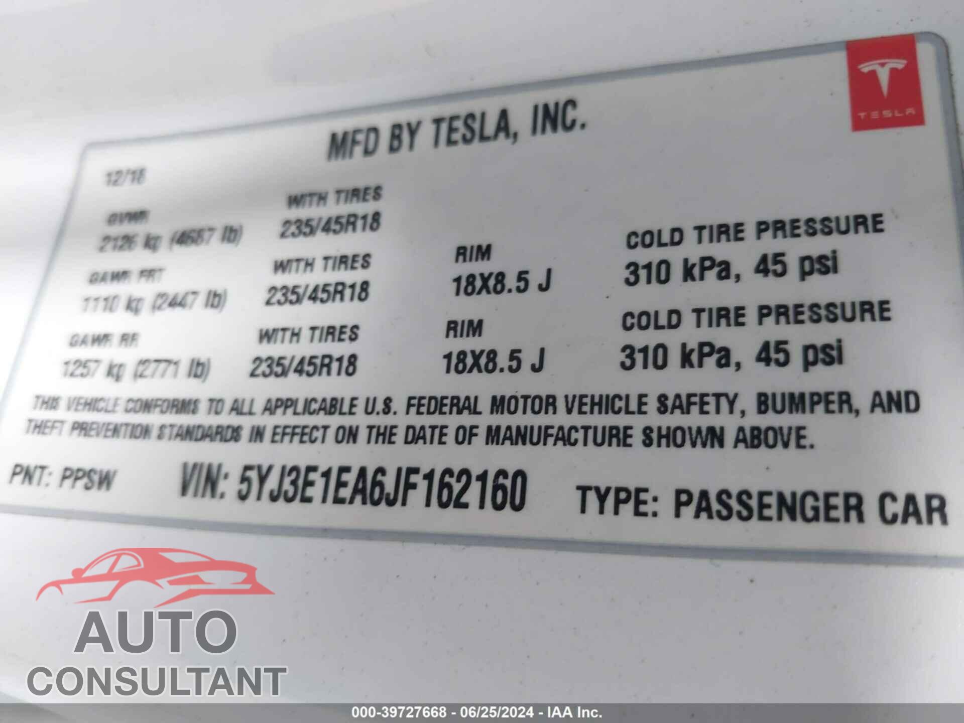 TESLA MODEL 3 2018 - 5YJ3E1EA6JF162160
