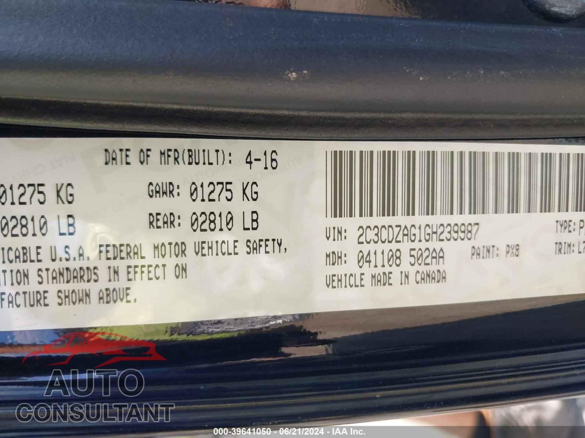 DODGE CHALLENGER 2016 - 2C3CDZAG1GH239987