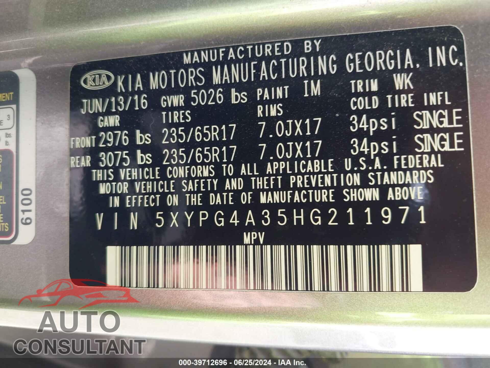 KIA SORENTO 2017 - 5XYPG4A35HG211971